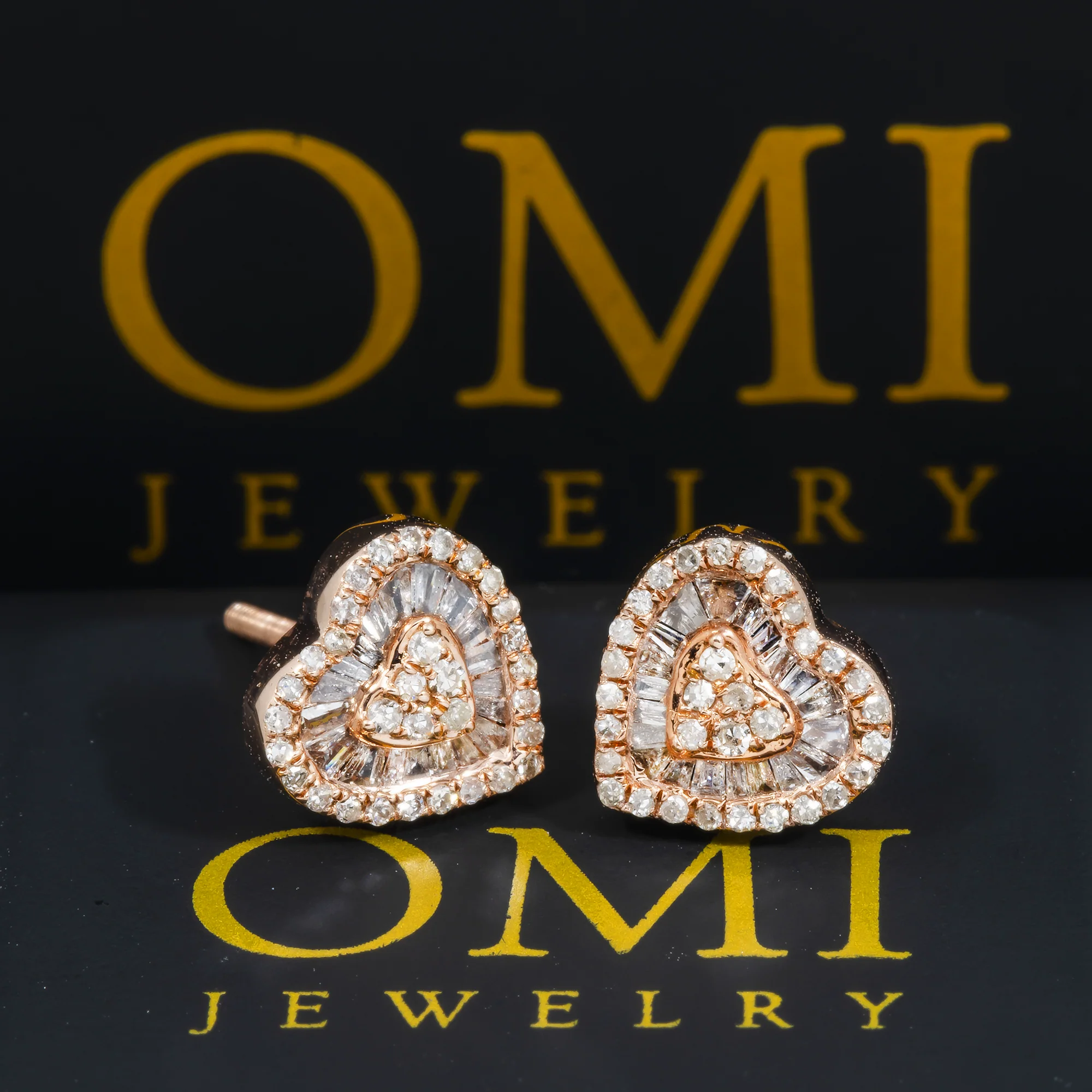 14K GOLD BAGUETTE AND ROUND DIAMOND HEART EARRINGS 0.55 CTW - Image 2