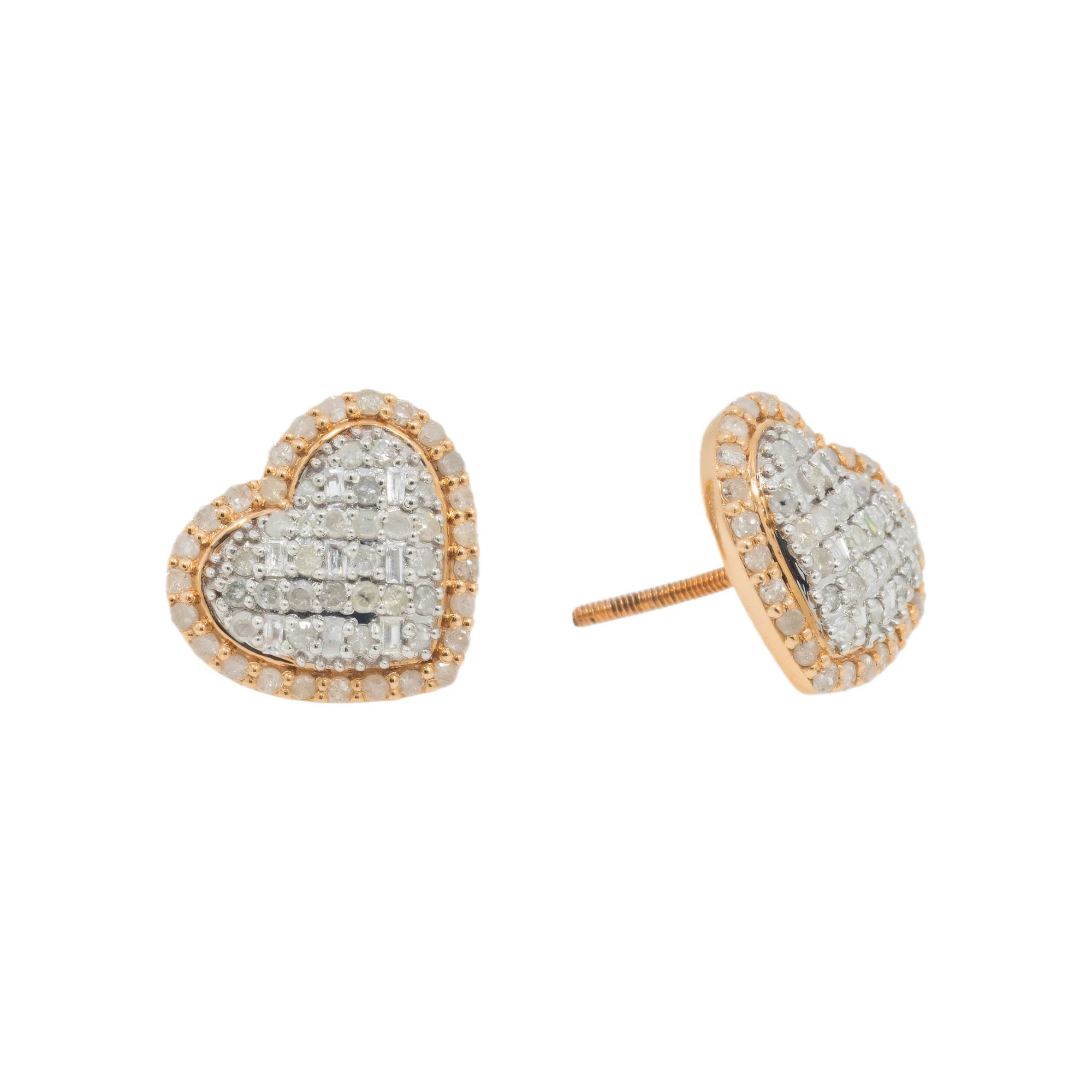 14K GOLD BAGUETTE AND ROUND DIAMOND HEART EARRINGS 0.92 CTW - Image 3