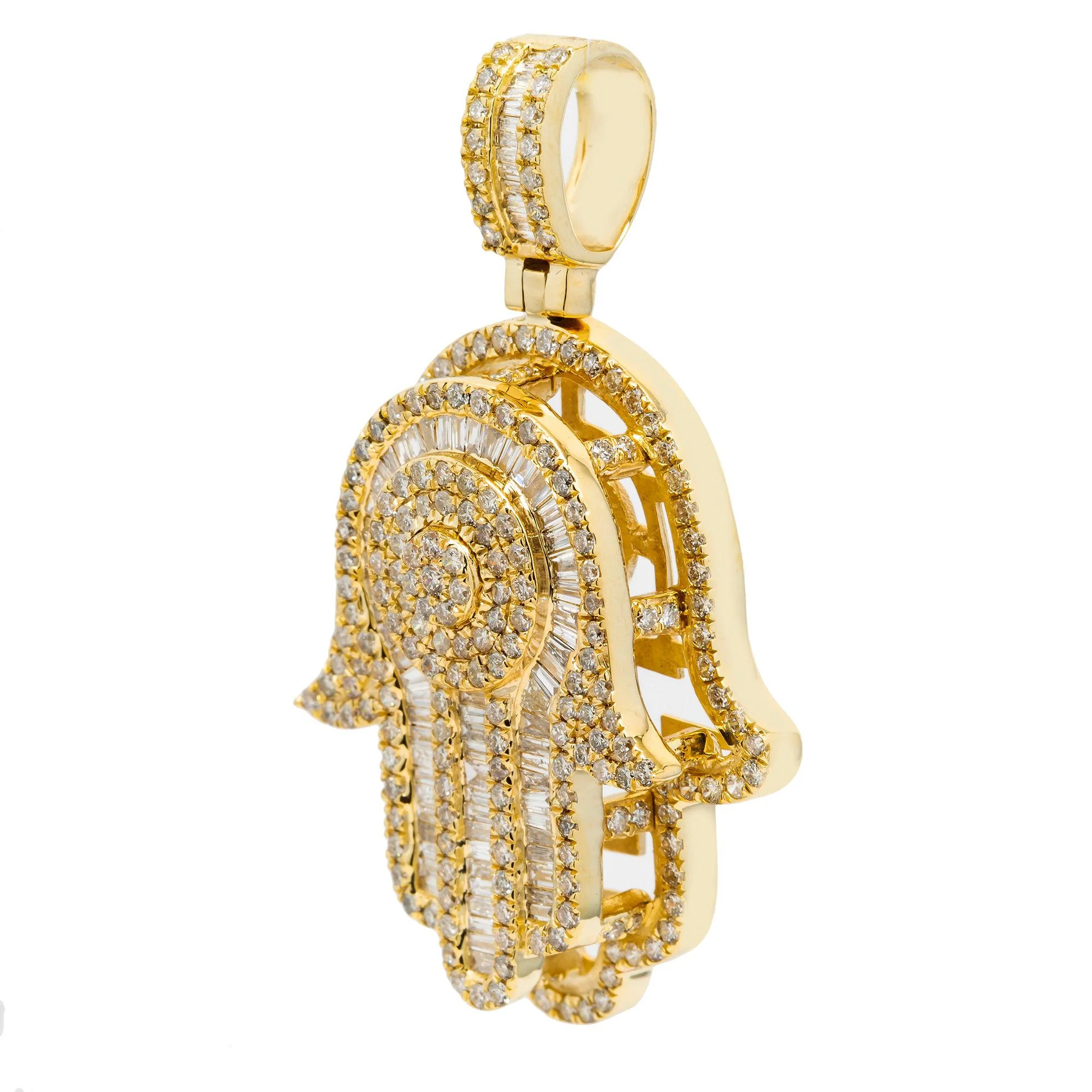 14K GOLD BAGUETTE DIAMOND 3D HAMSA PENDANT ROUND CLUSTER WITH 2 ROW BORDER 3.15 CT - Image 2