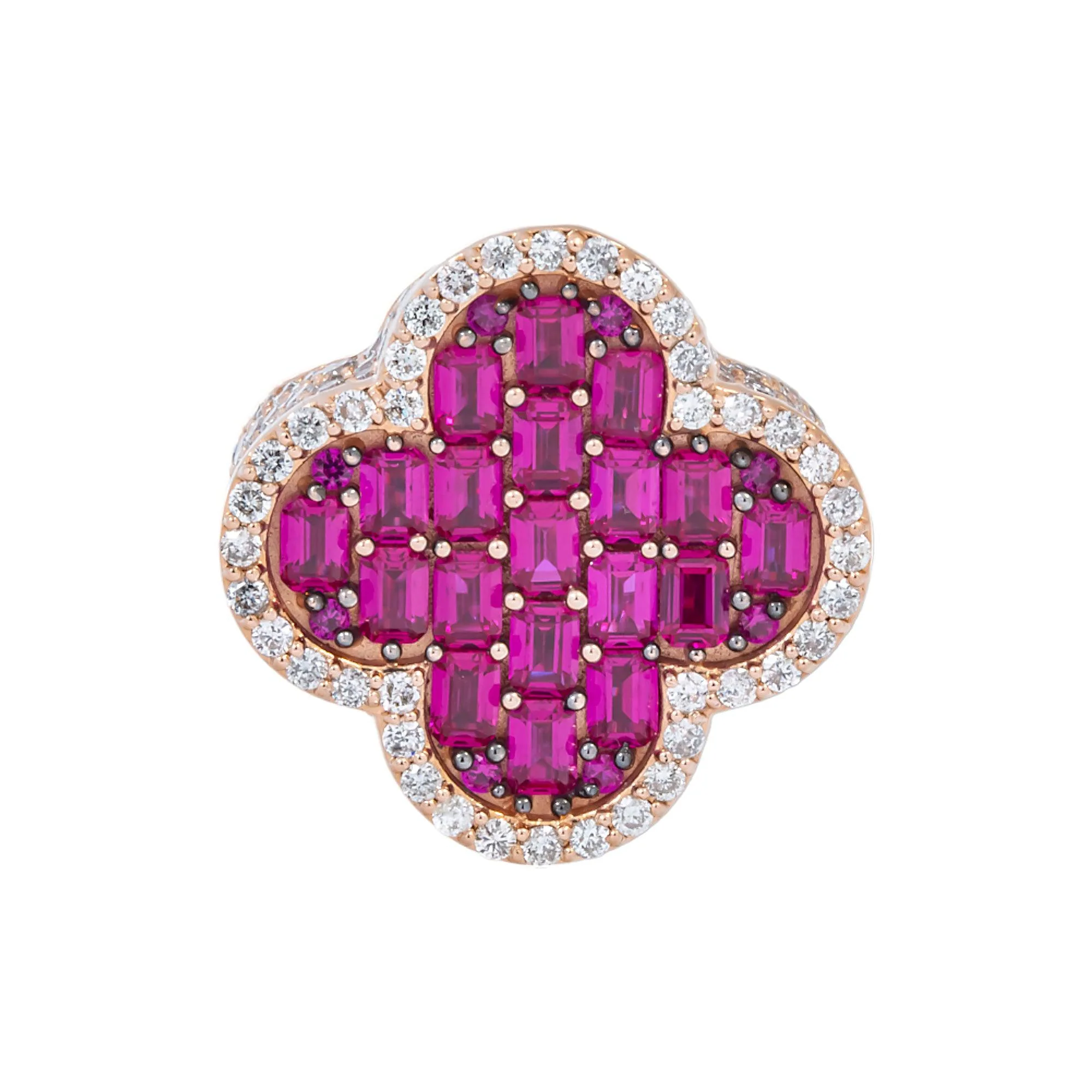 14K GOLD BAGUETTE DIAMOND AND RUBY GEMSTONE CLOVER STATEMENT RING 6.99 CTW