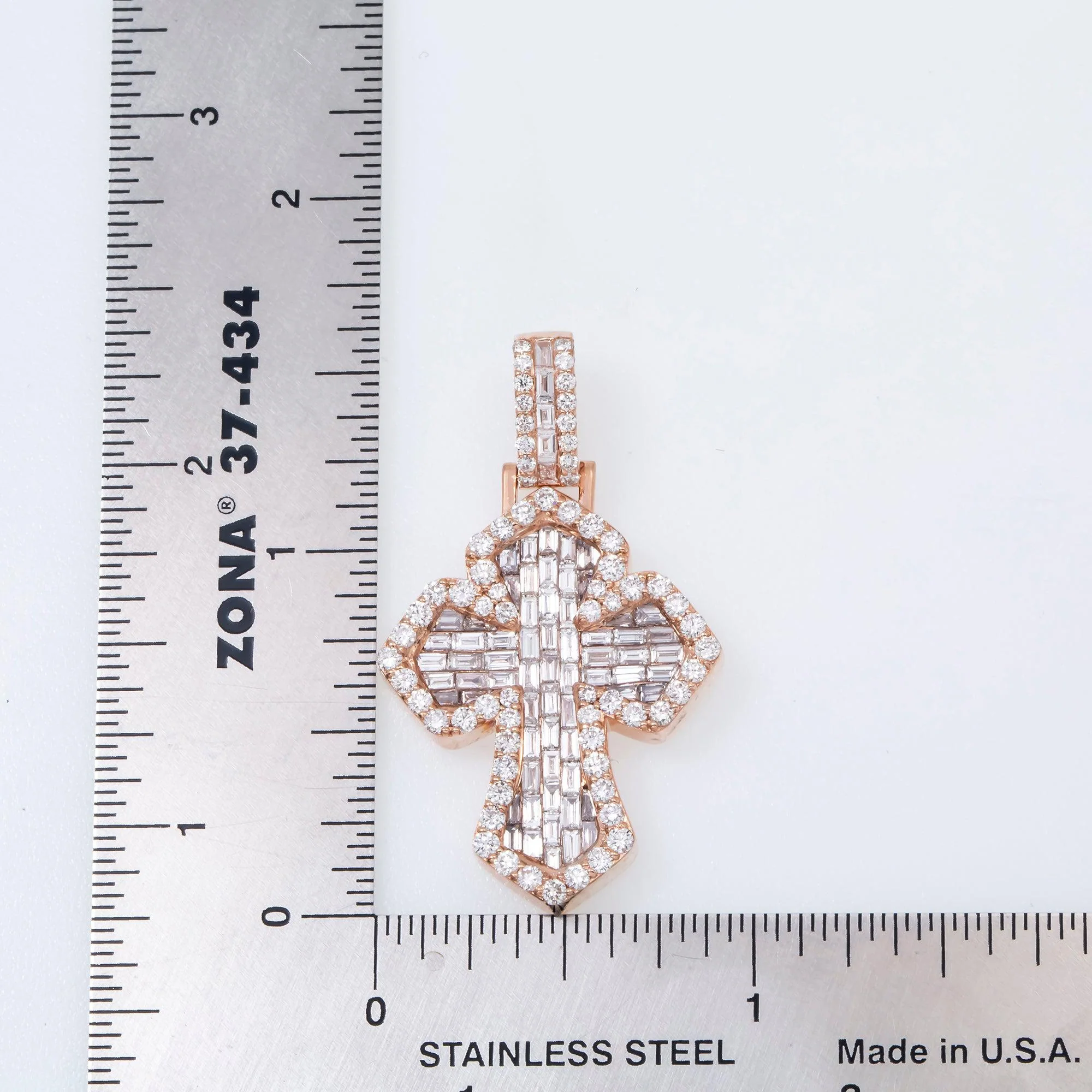 14K GOLD BAGUETTE DIAMOND INVERTED 3D FLEUR DE LIS CROSS PENDANT 3.25 CT - Image 3