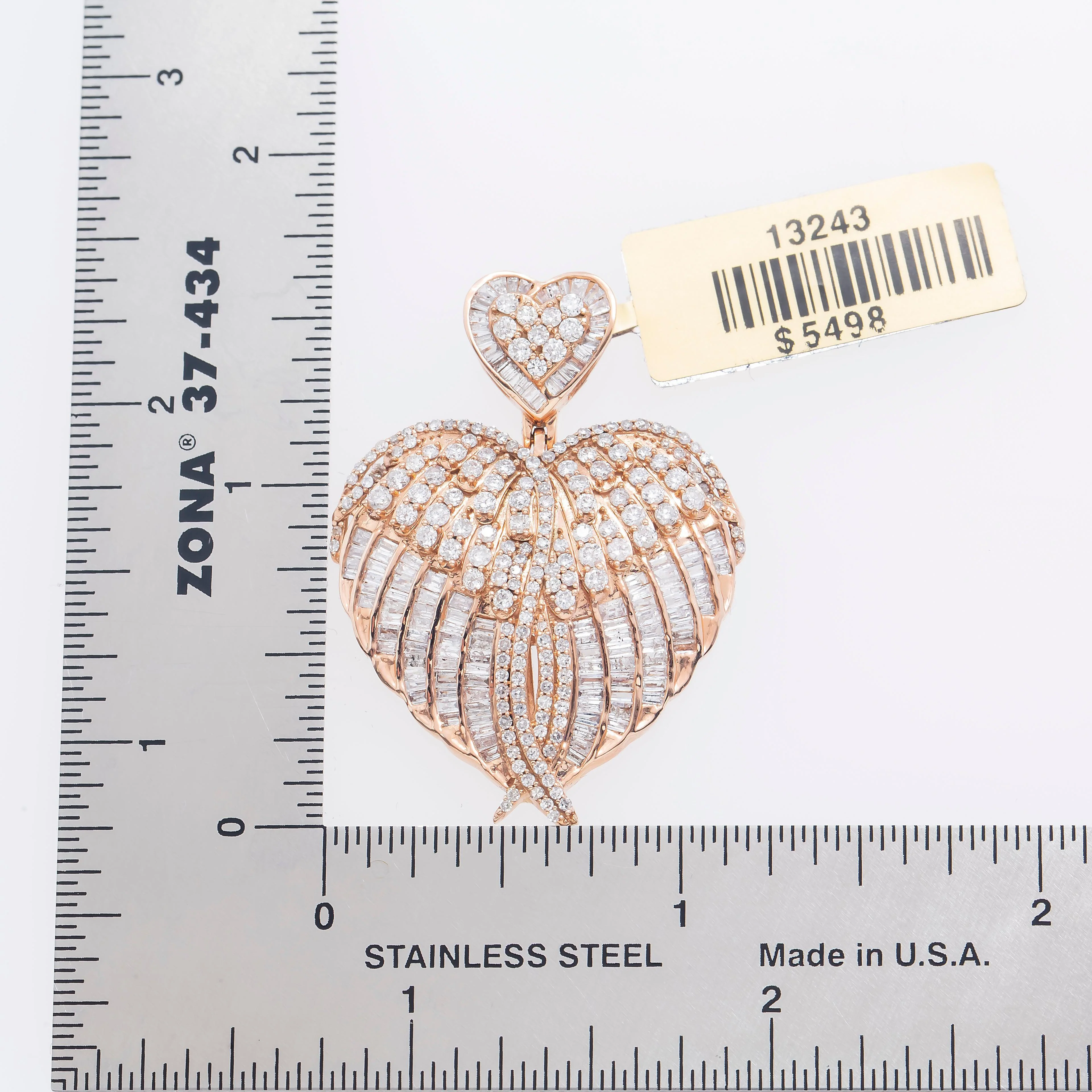 14K GOLD BAGUETTE DIAMOND DOUBLE HEART PENDANT 2.84 CT - Image 5