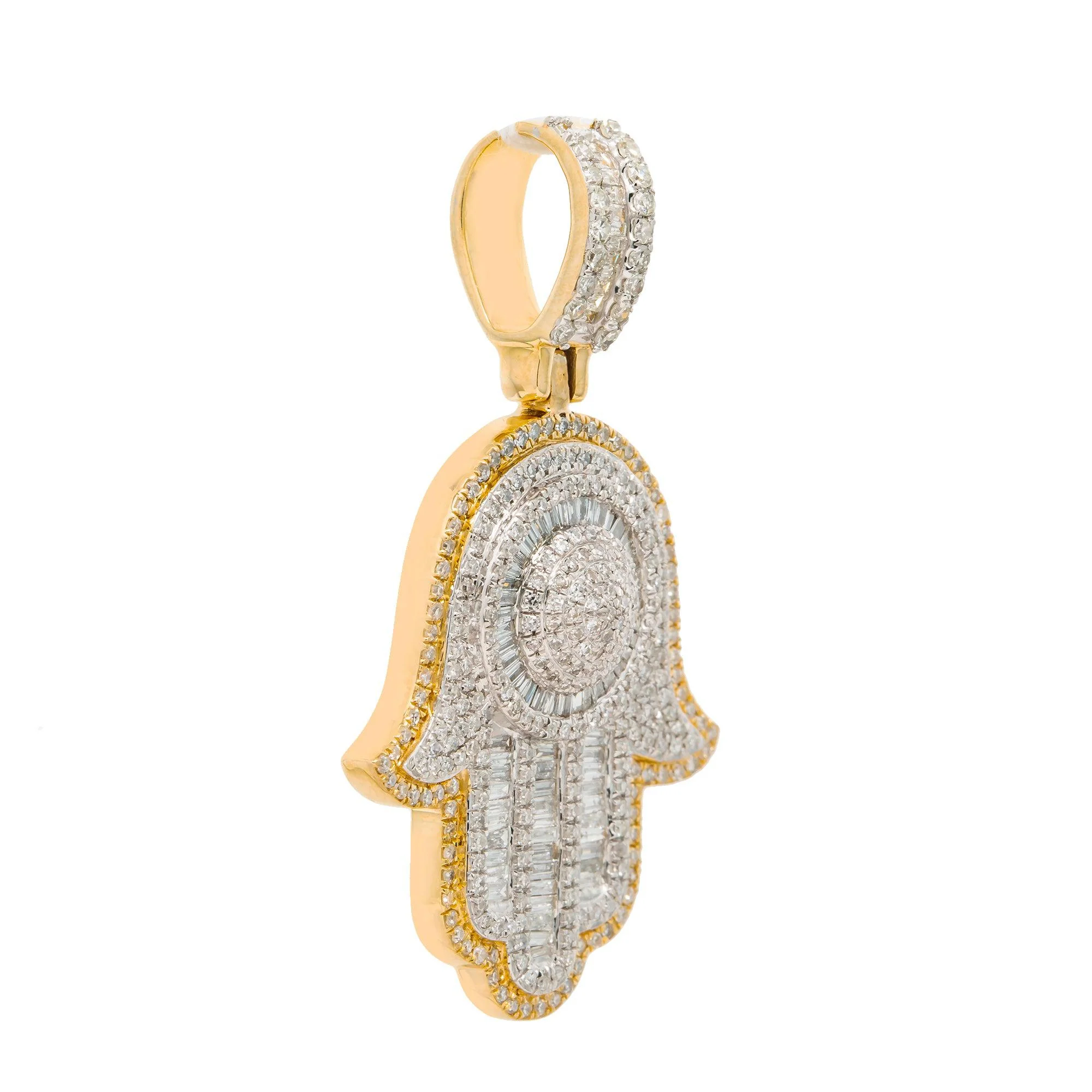 14K GOLD BAGUETTE DIAMOND HAMSA PENDANT WITH DOME MIDDLE 1.45 CT - Image 6