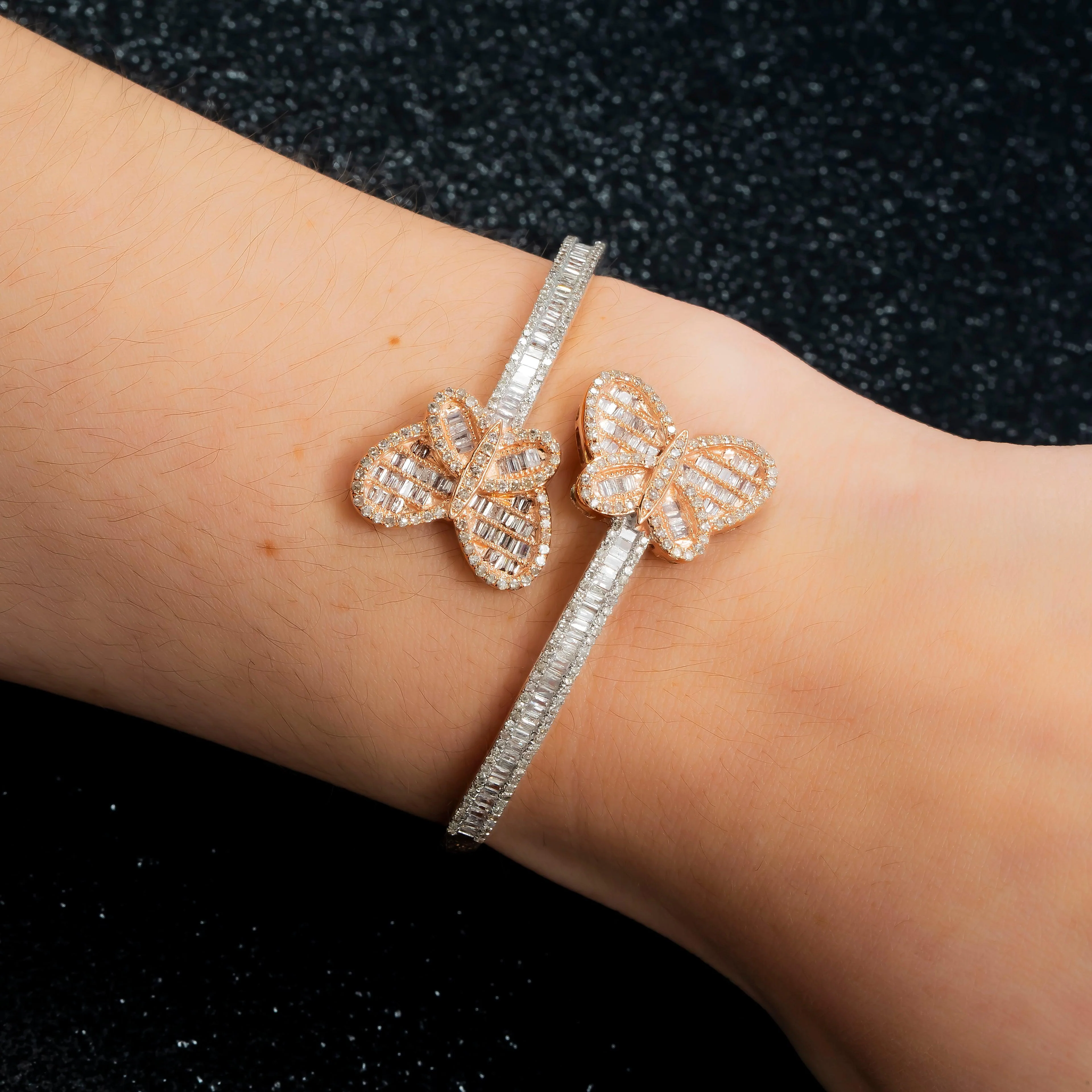 14K GOLD BAGUETTE DIAMONDS OPEN BUTTERFLY BANGLE 2.86 CT - Image 6