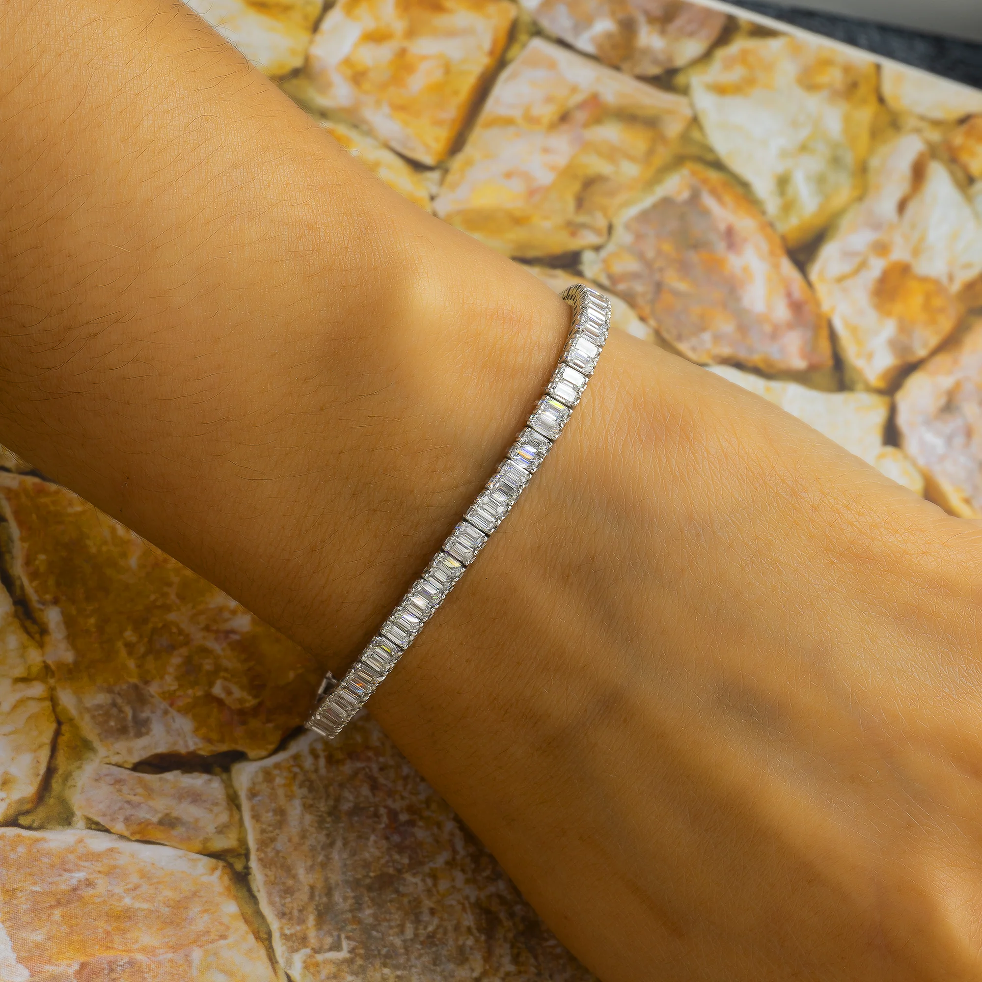 14K GOLD EMERALD CUT LAB DIAMOND TENNIS BRACELET 8.98 CT - Image 2