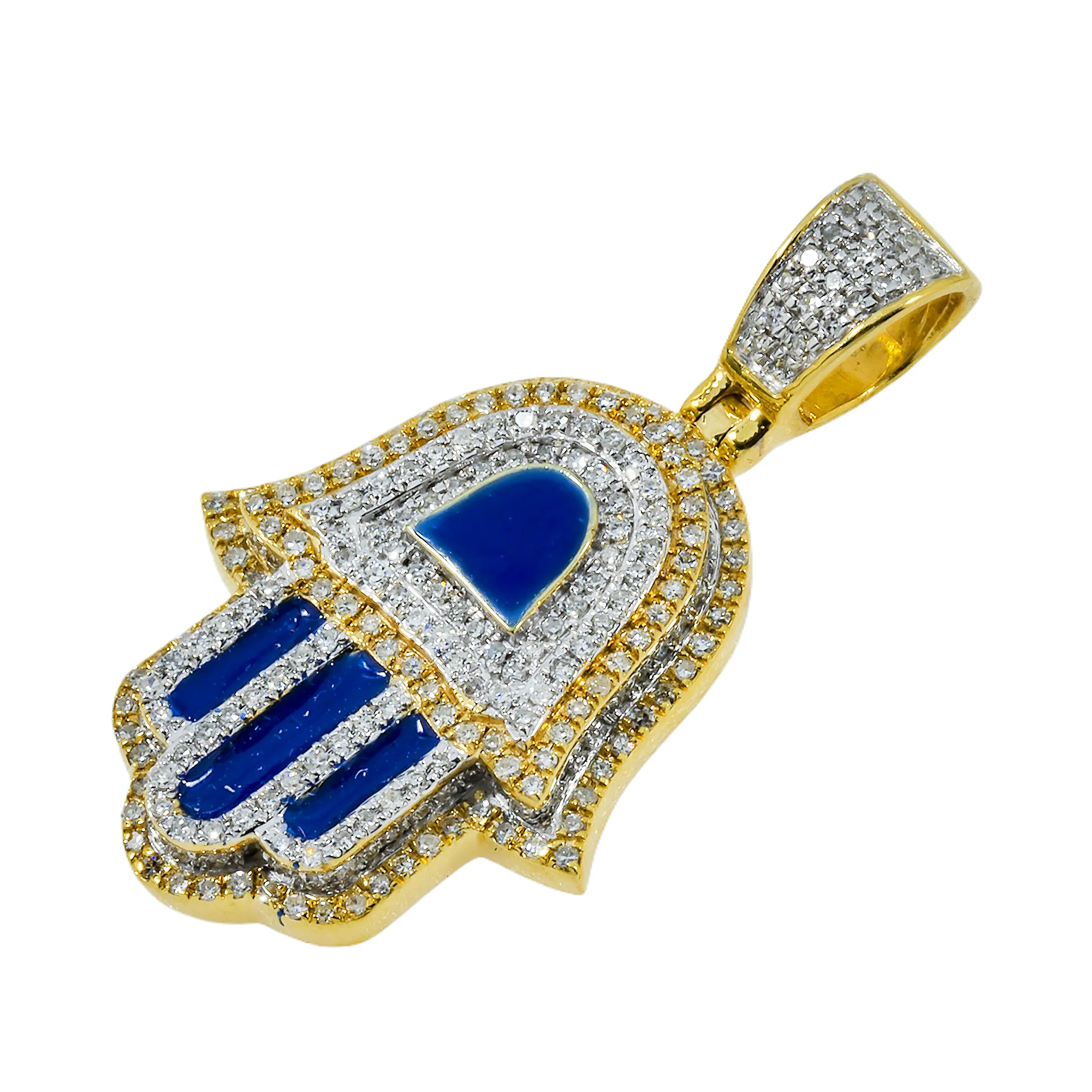 14K GOLD DIAMOND AND BLUE ENAMEL HAMSA PENDANT 0.80 CT - Image 3