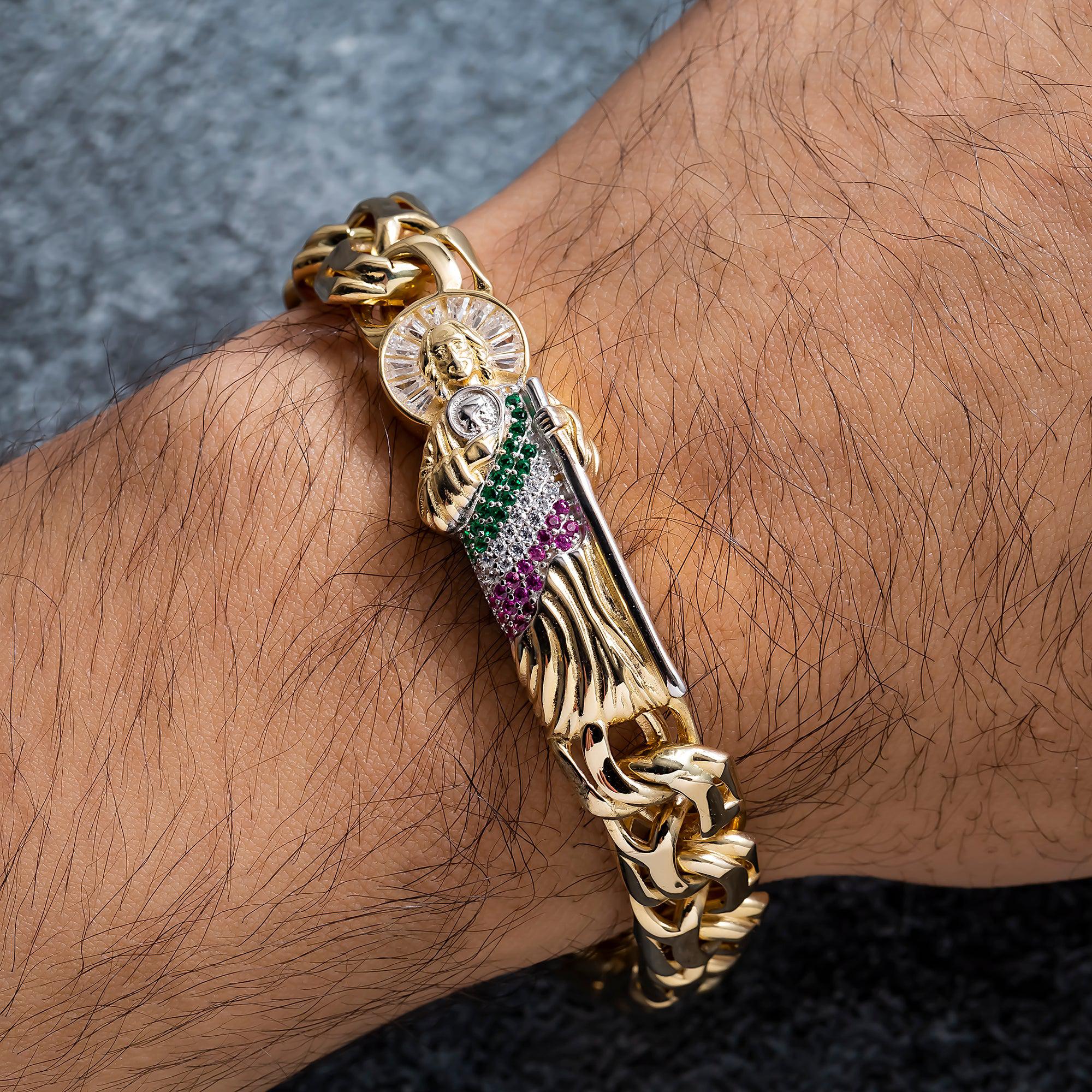 14K GOLD DIAMOND AND GEMSTONES ST. JUDE CHINO LINK CHAIN BRACELET 34.3G - Image 2