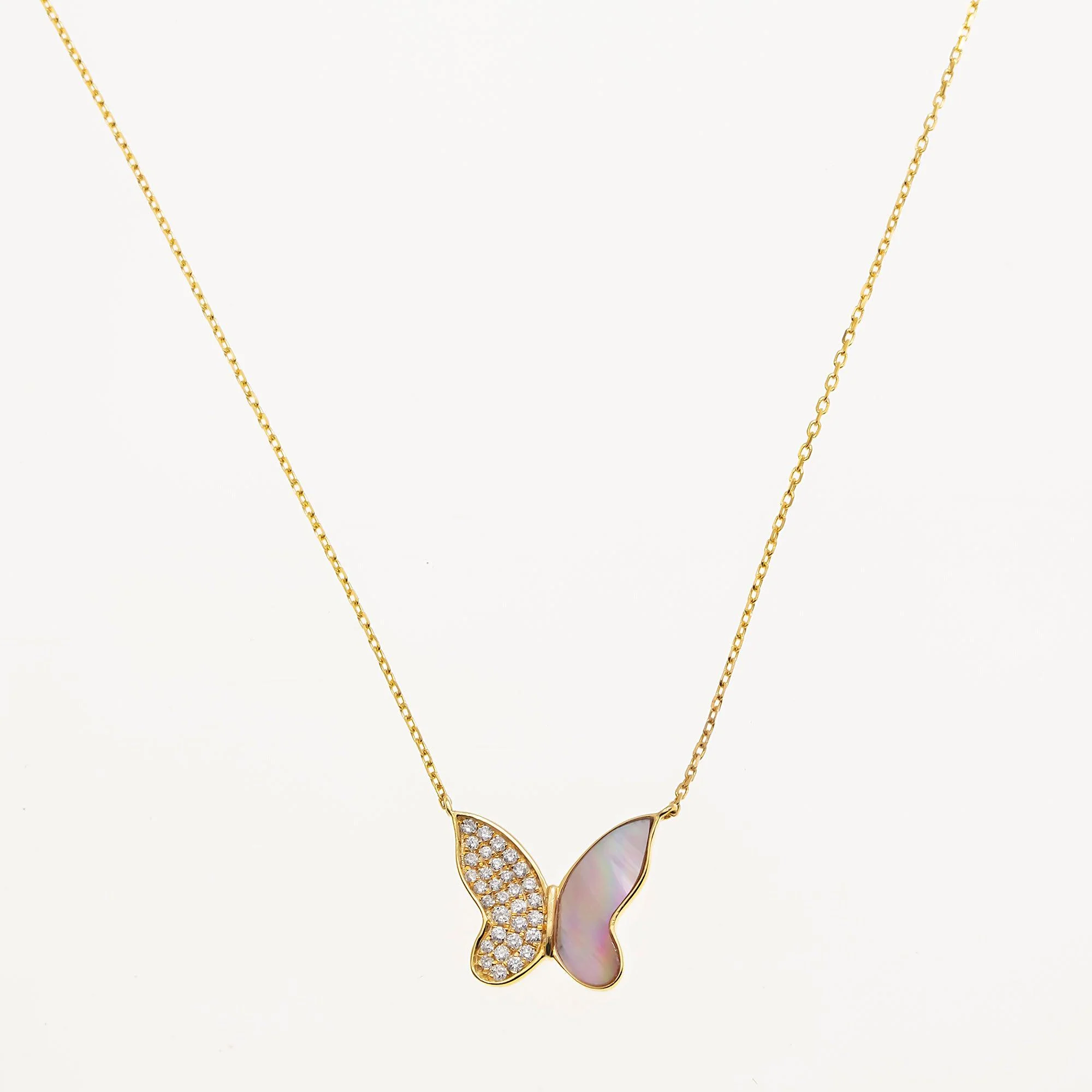 14K GOLD DIAMOND BUTTERFLY MOTHER OF PEARL NECKLACE 0.20 CT