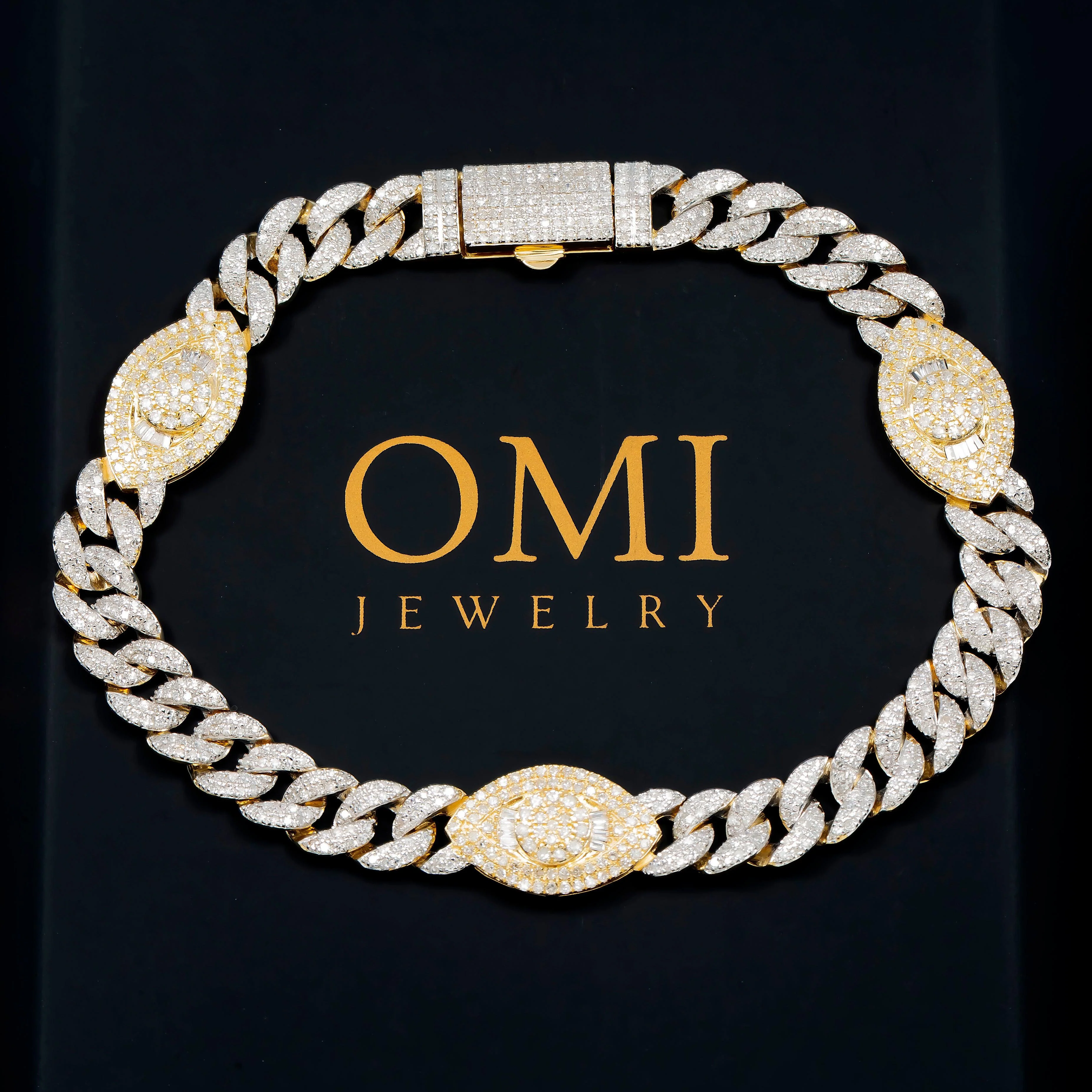 14K GOLD CUBAN EVIL EYES BRACELET 3.40 CT DIAMONDS - Image 3
