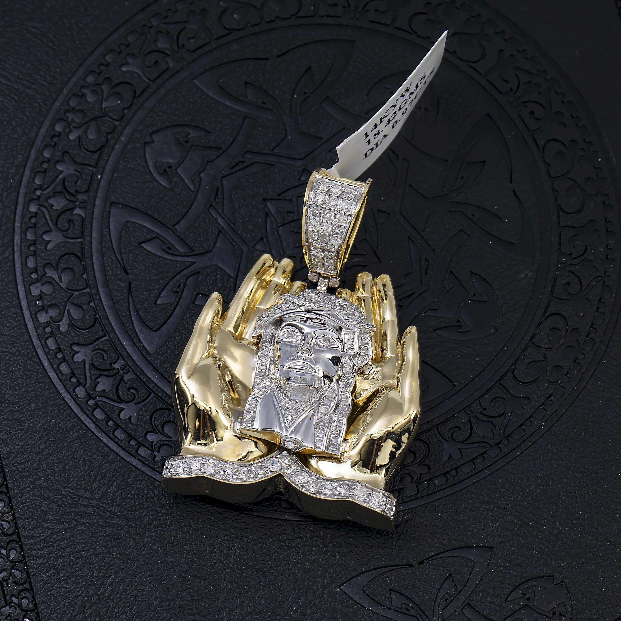 14K GOLD TWO TONE DIAMOND JESUS HEAD IN PRAYING HANDS PENDANT 0.97 CT - Image 2