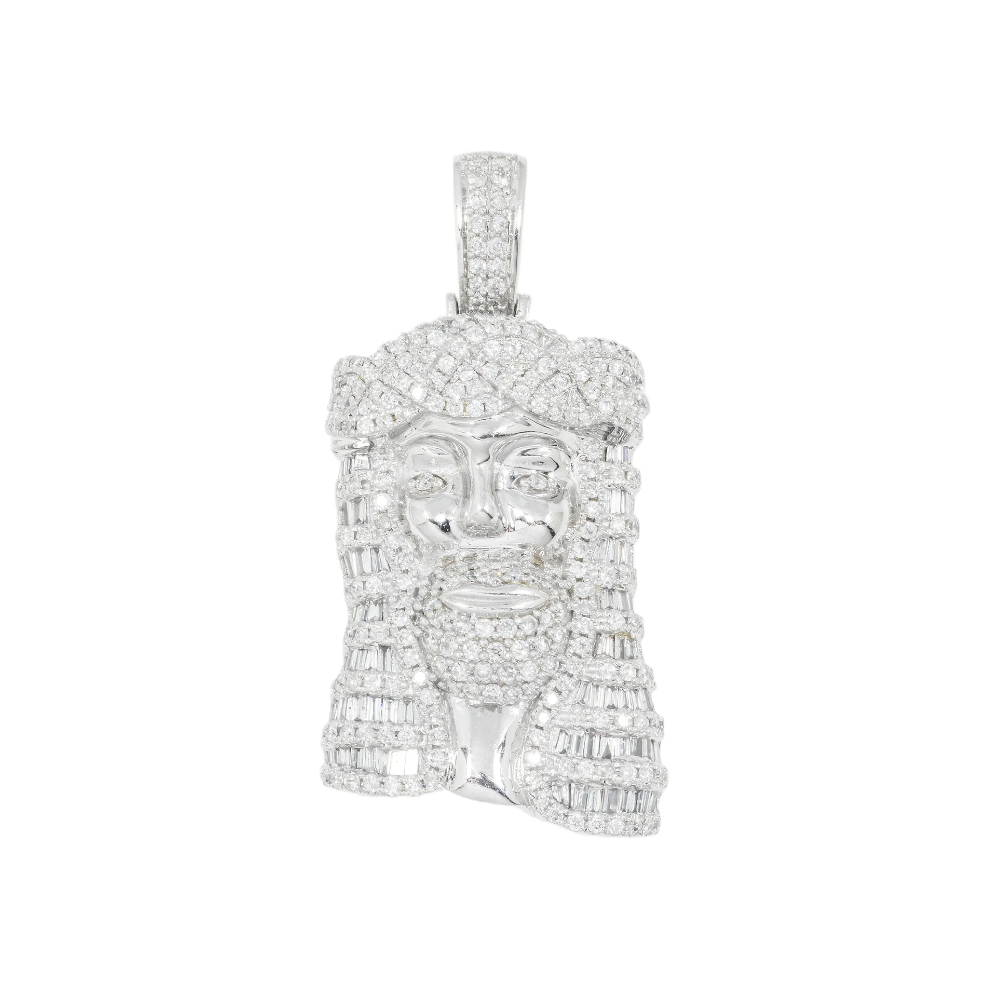 14K GOLD ROUND AND BAGUETTE DIAMOND JESUS HEAD PENDANT 2.50 CT