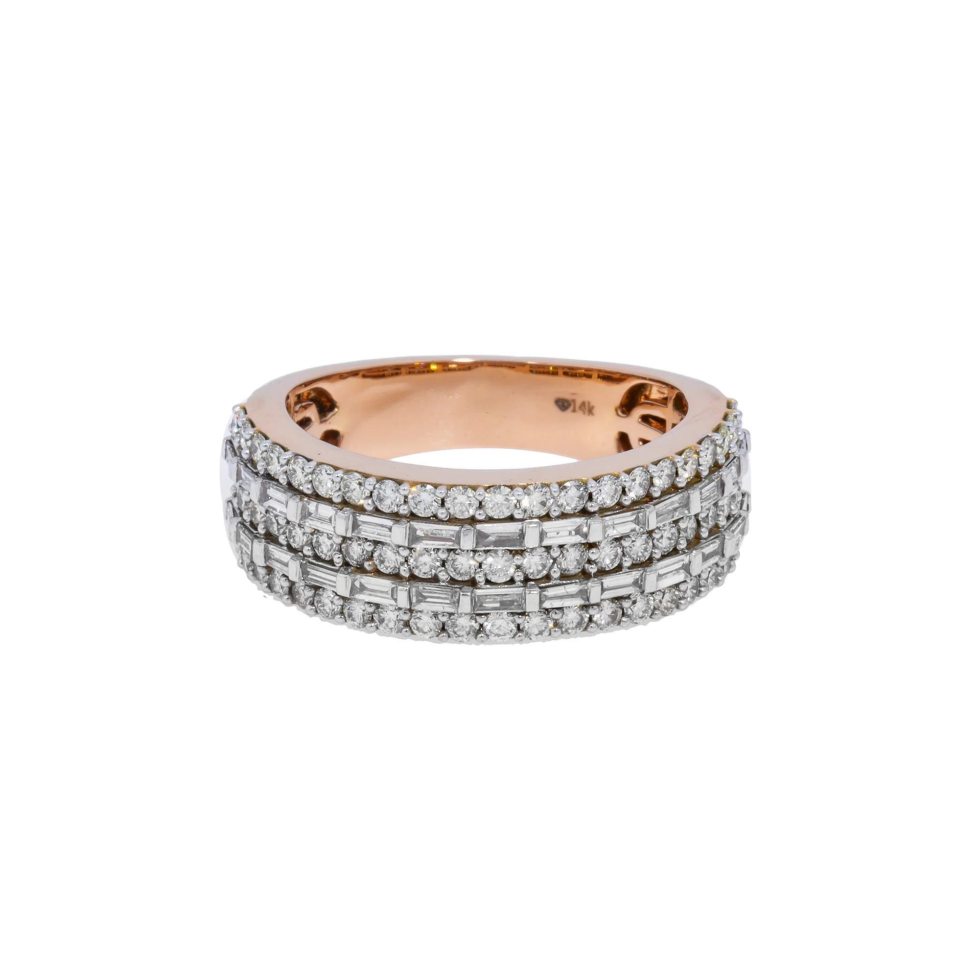 14K GOLD ROUND AND BAGUETTE DIAMOND STATEMENT BAND RING 2.20 CT