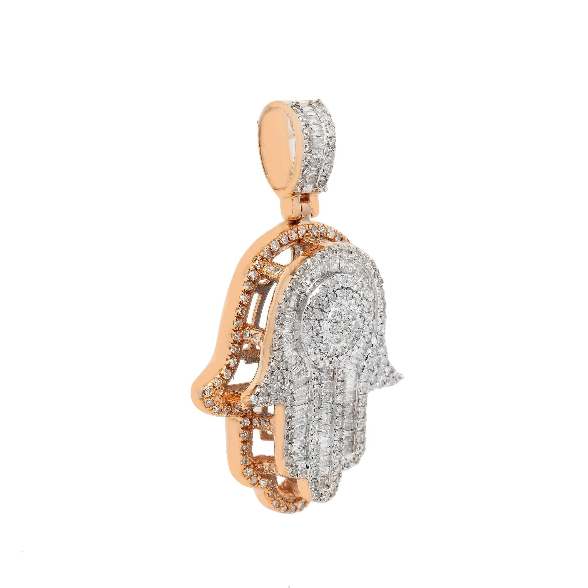 14K GOLD ROUND CLUSTER HAMSA PENDANT 1 CT BAGUETTE DIAMOND FINGERS - Image 6