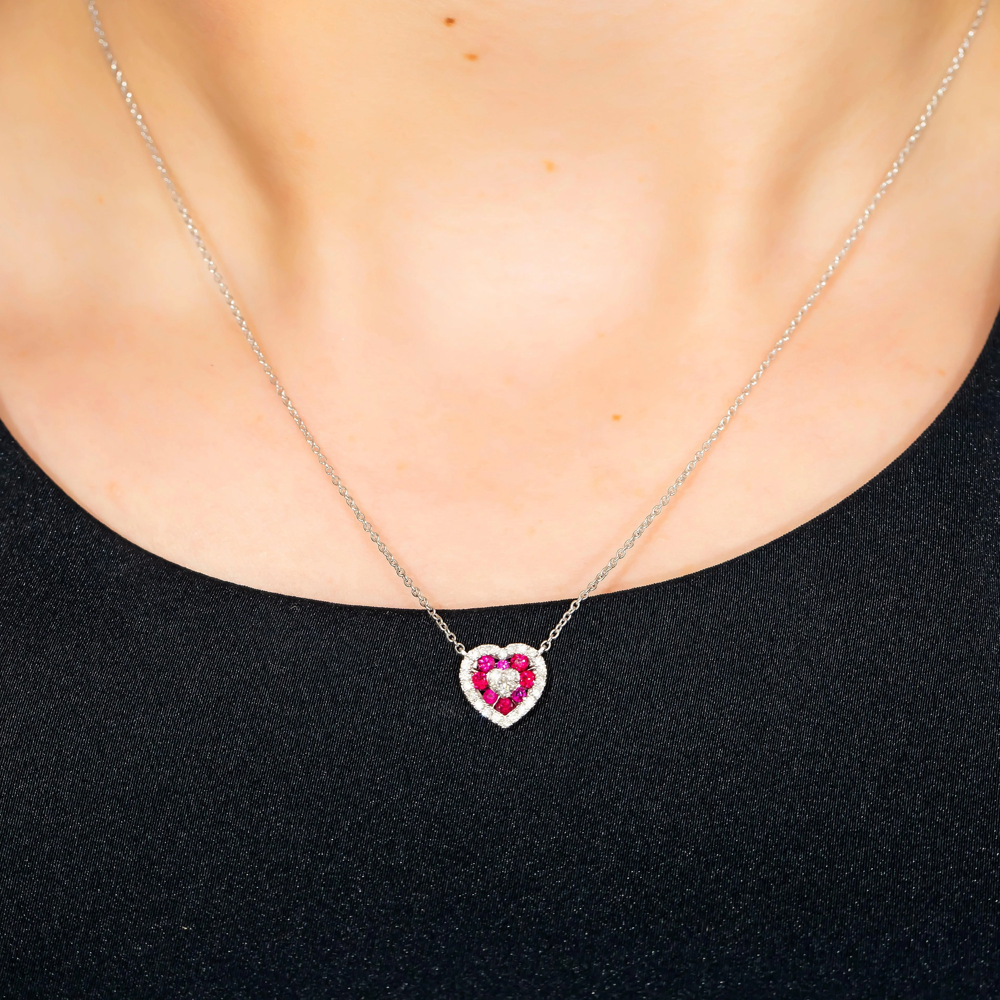 14K GOLD ROUND DIAMOND AND RUBY HEART NECKLACE 0.55 CTW - Image 2