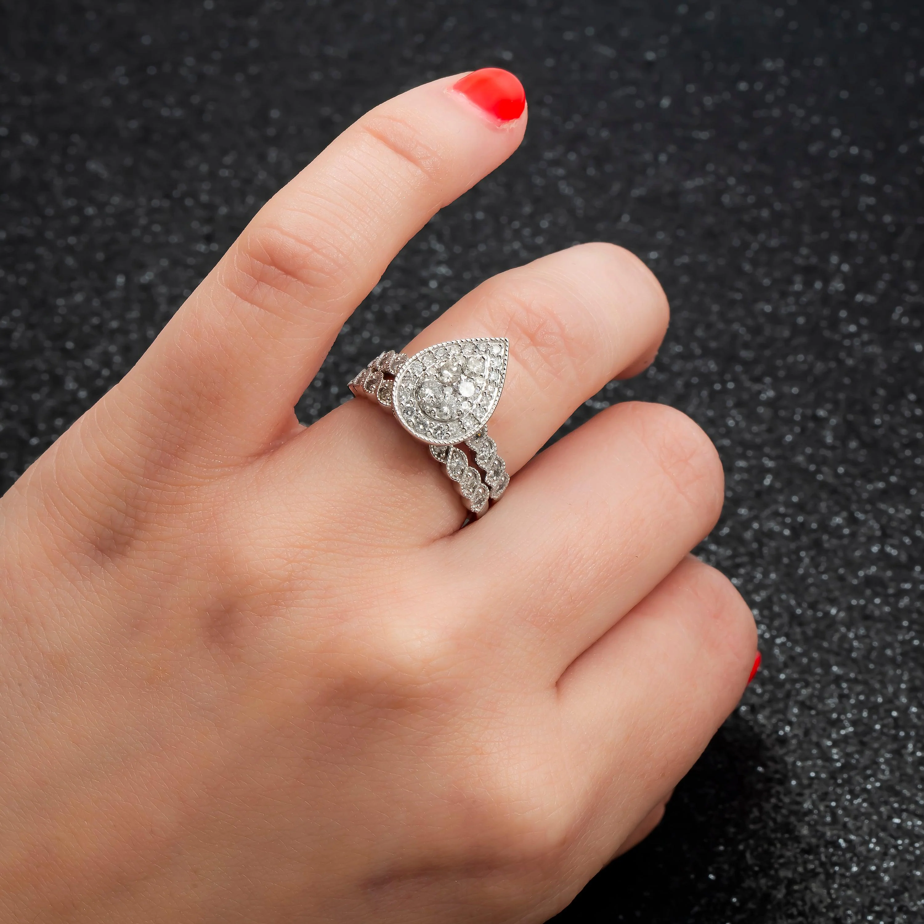 14K GOLD ROUND DIAMOND CLUSTER PEAR SHAPE BRIDAL SET 1.18 CTW - Image 2