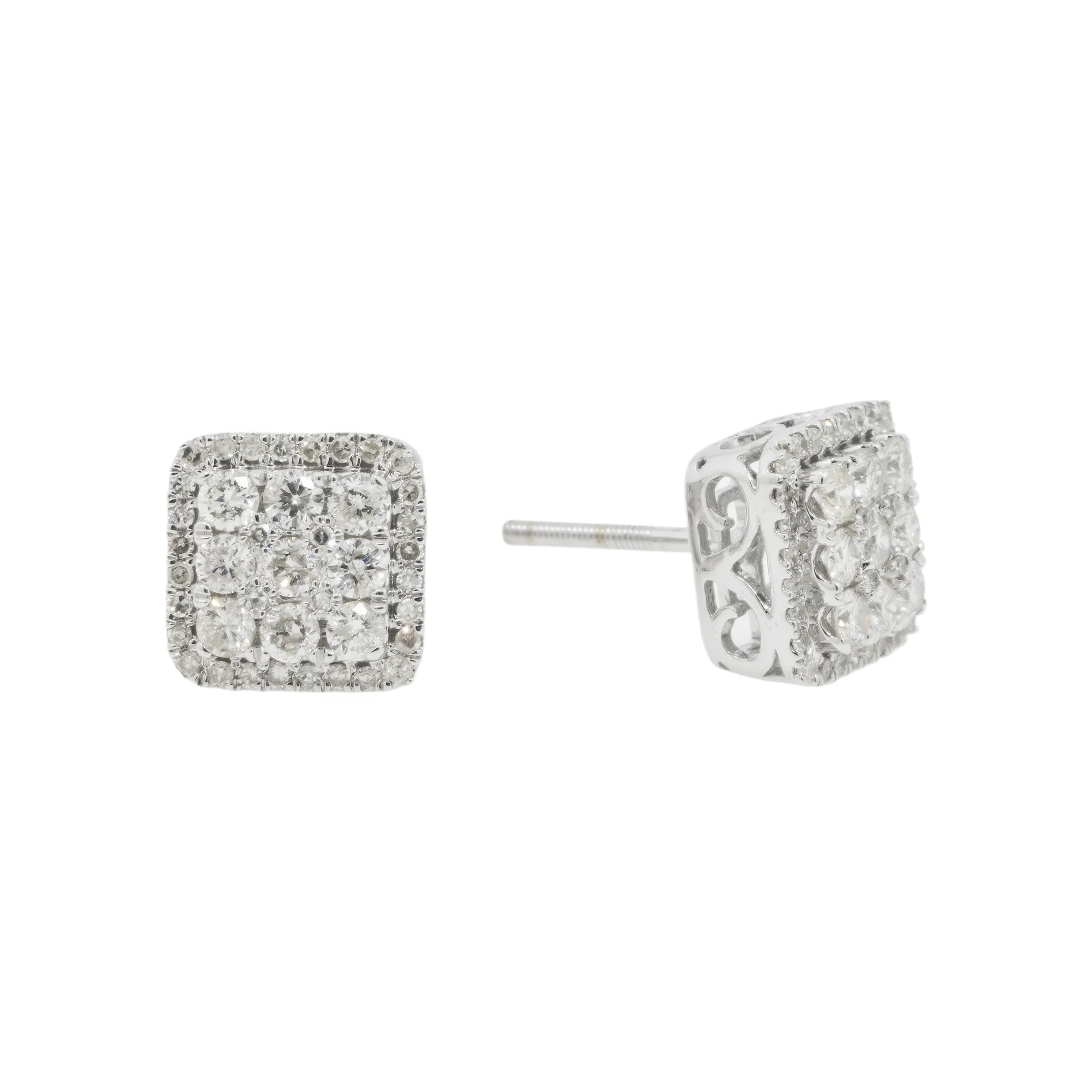 14K GOLD ROUND DIAMOND CLUSTER SQUARE SHAPE EARRINGS 1.24 CTW - Image 3