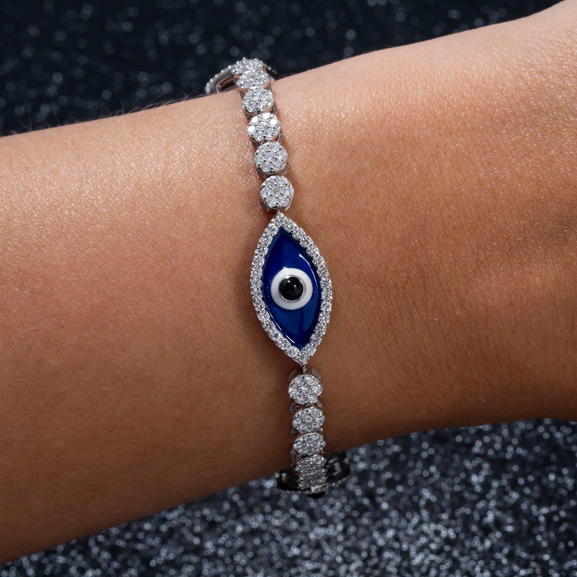 14K GOLD ROUND DIAMONDS EVIL EYE TENNIS BRACELET 3.50 CT - Image 2