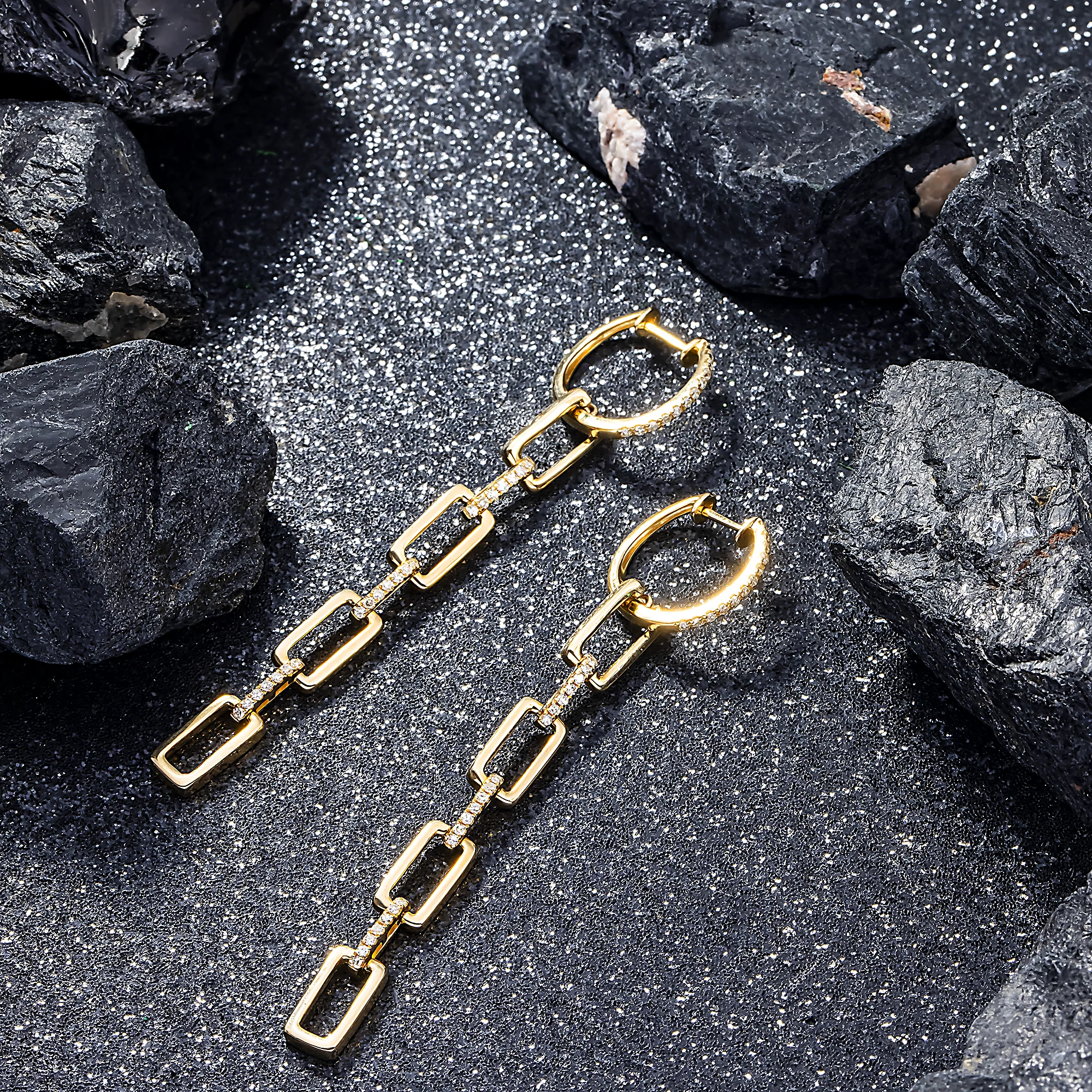 14K GOLD ROUND DIAMOND OPEN CHAIN LINK DROP EARRINGS 0.29 CT - Image 2