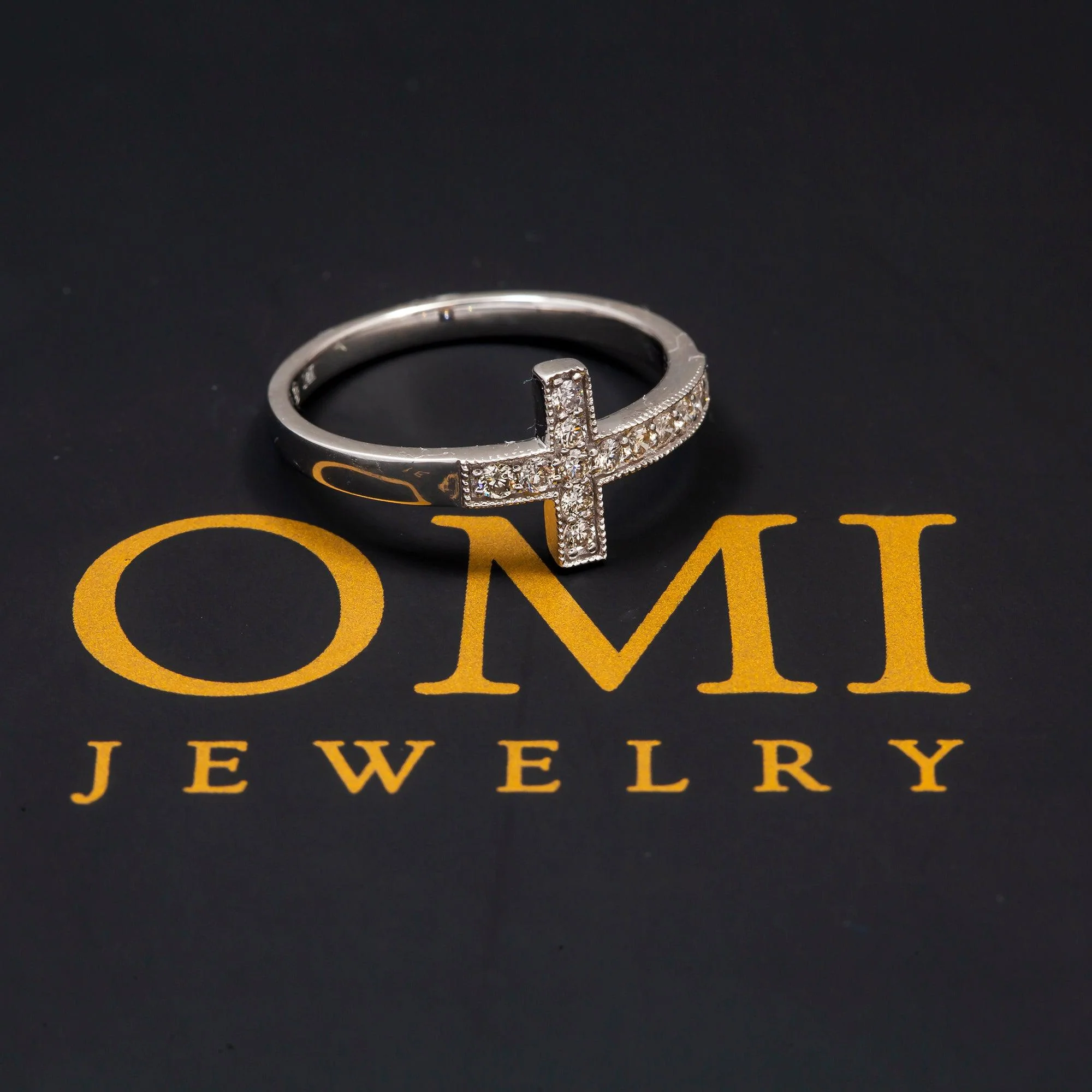 14K GOLD DIAMOND SIDEWAYS CROSS MILGRAIN RING 0.25 CT - Image 3