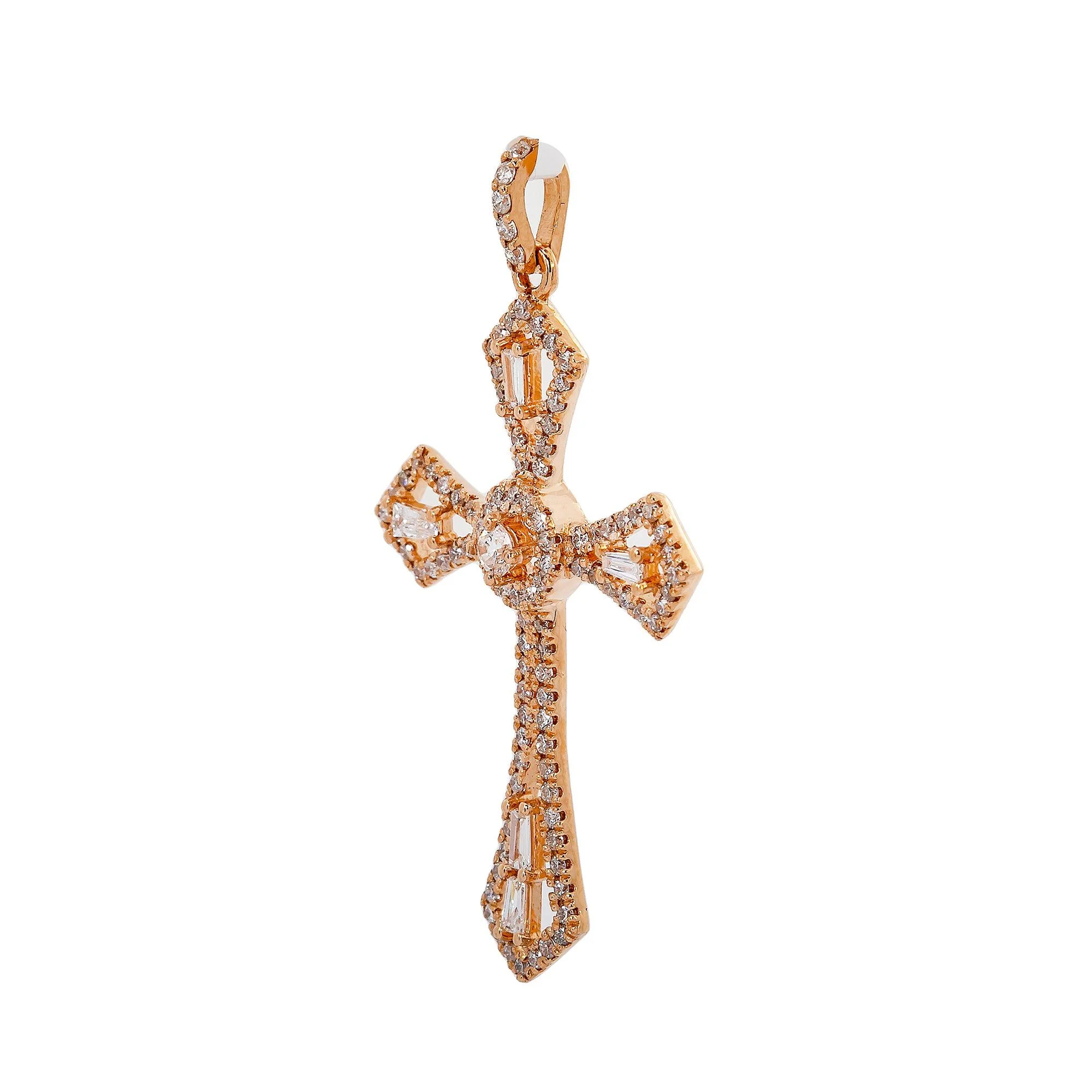 14K Rose Gold Cross Pendant with 0.62 CT Baguette and Round Diamonds - Image 3