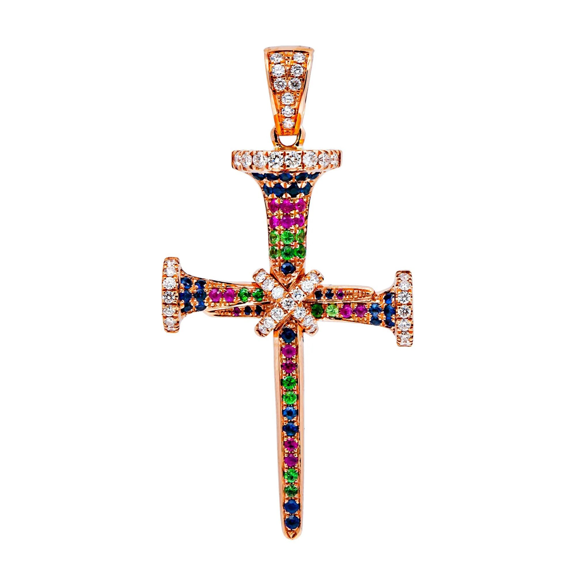 14K ROSE GOLD UNISEX CROSS WITH 0.42 CT DIAMONDS AND 0.70 CT SAPPHIRES