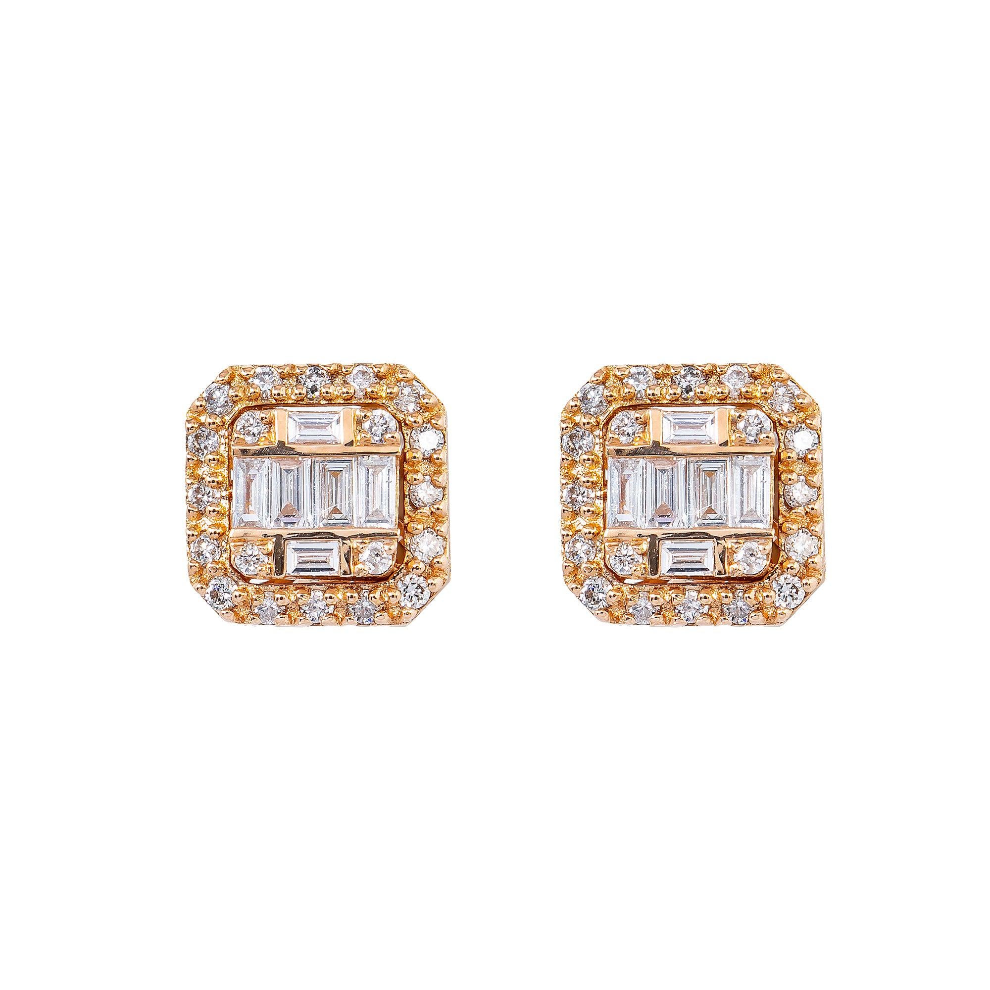 14K Rose Gold Unisex Earrings with 0.21 Baguette CT Diamond