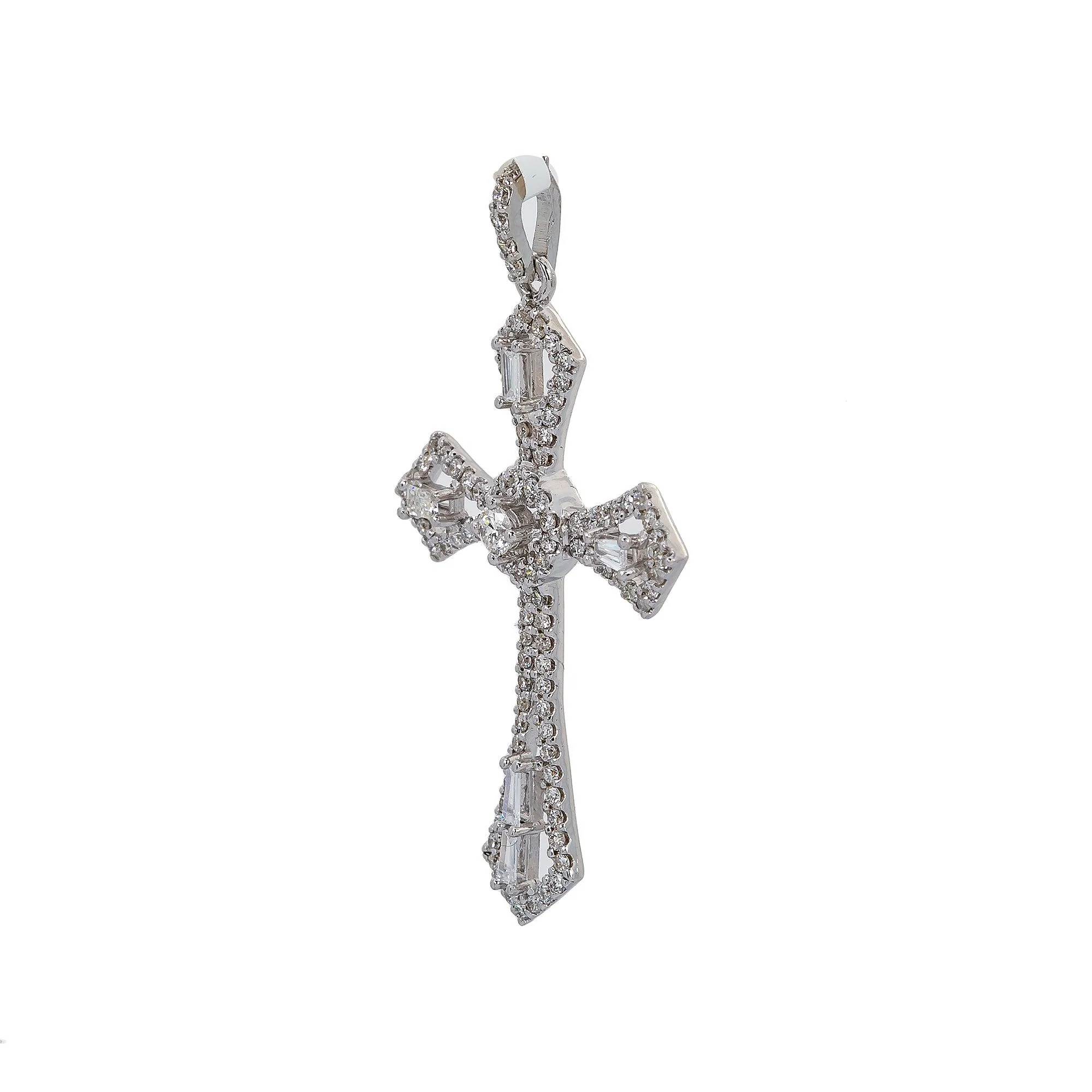 14K White Gold Cross Pendant with 0.62 CT Baguette and Round Diamonds - Image 3