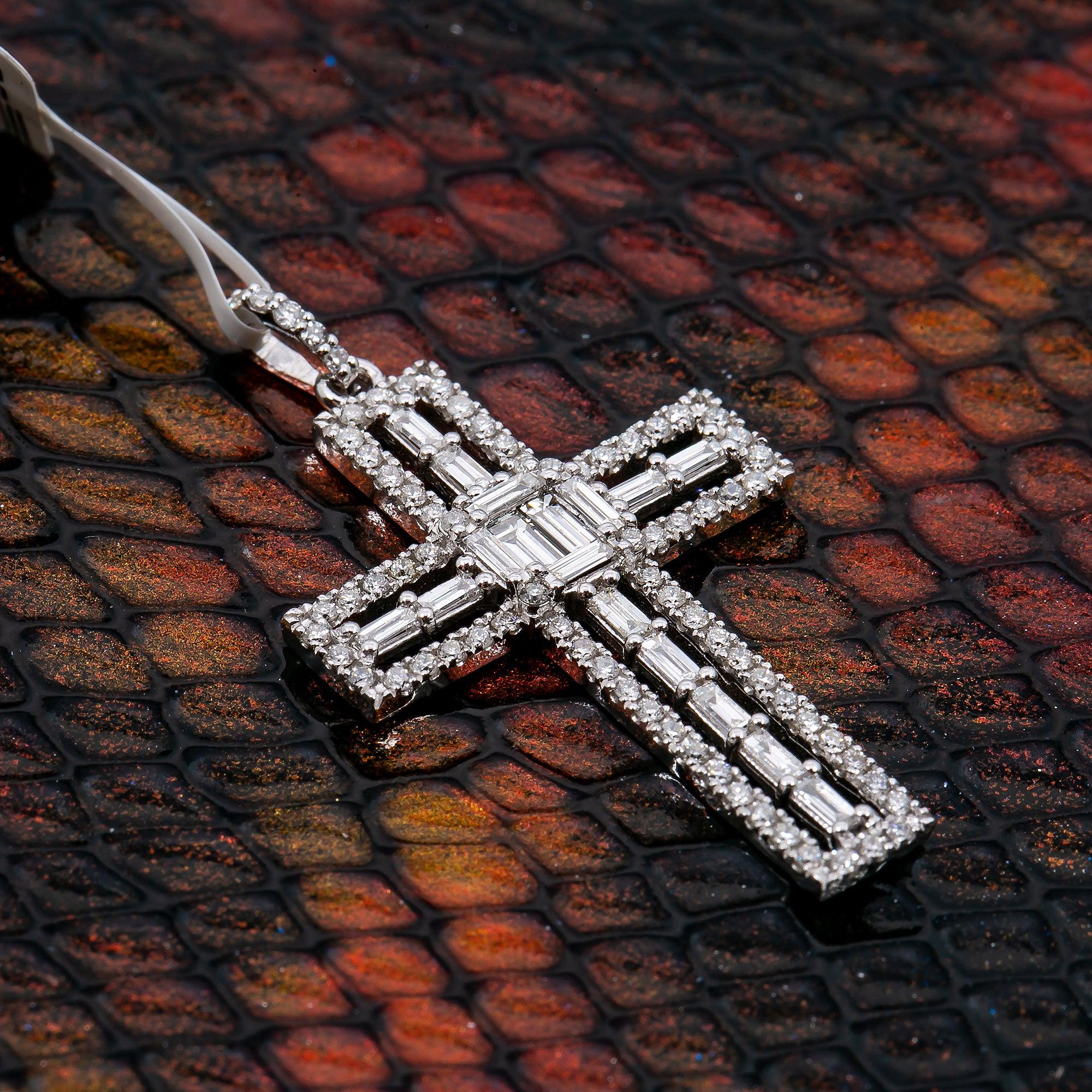 14K White Gold Cross Pendant with 0.90 CT Baguette and Round Diamonds - Image 2