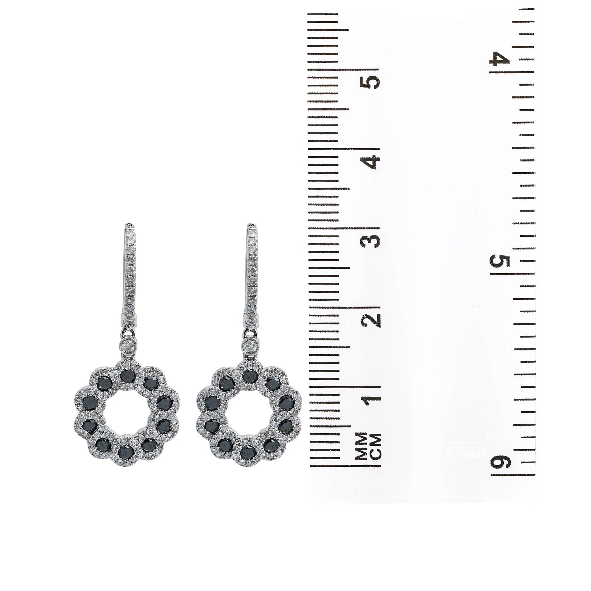 14K White Gold Flower Shaped Ladies Earrings With Black Diamonds - Image 4