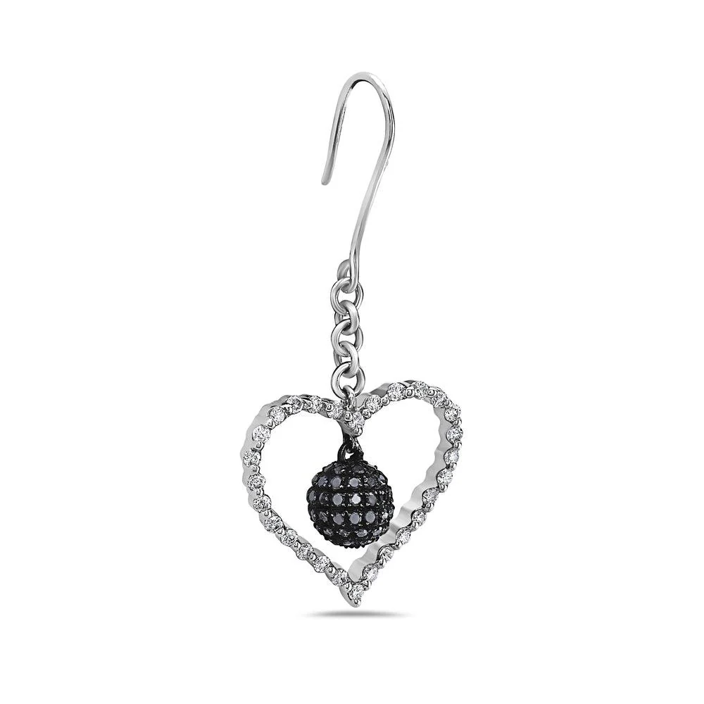 14K White Gold Ladies Heart Shaped Earrings With White And Black Diamonds - Image 2