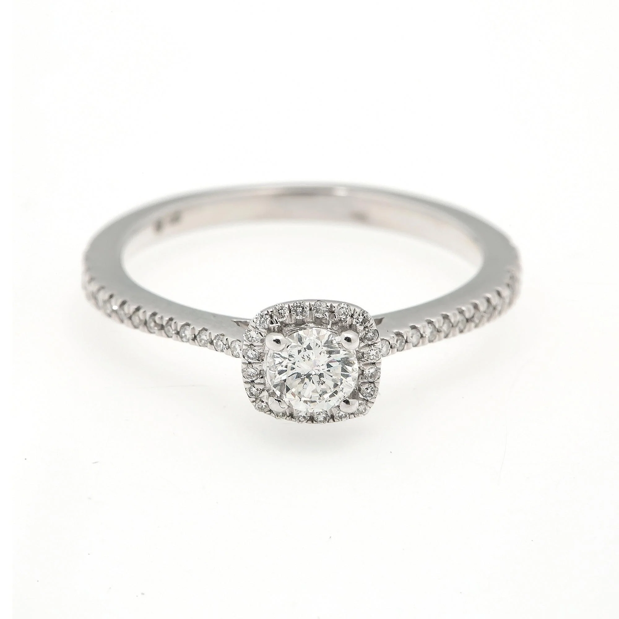 14K WHITE GOLD LADIES CUSHION HALO ENGAGEMENT RING WITH 0.80 CT DIAMONDS