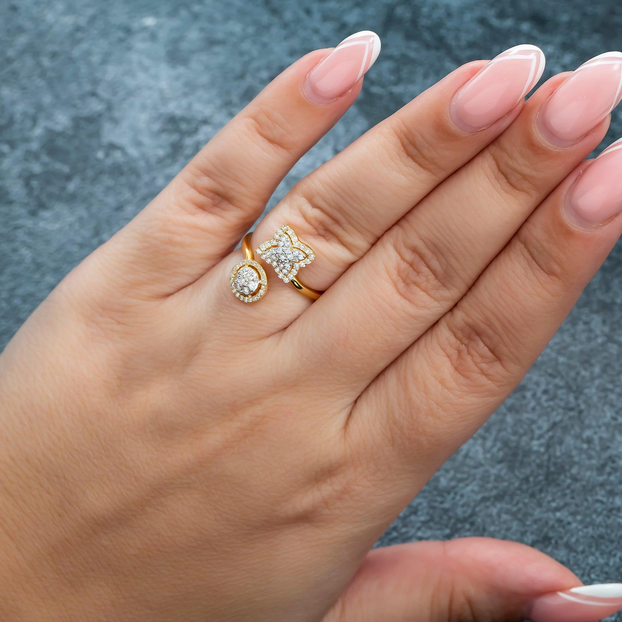 14K GOLD DIAMOND XO CLUSTER TWO STONE RING 0.90 CT - Image 2