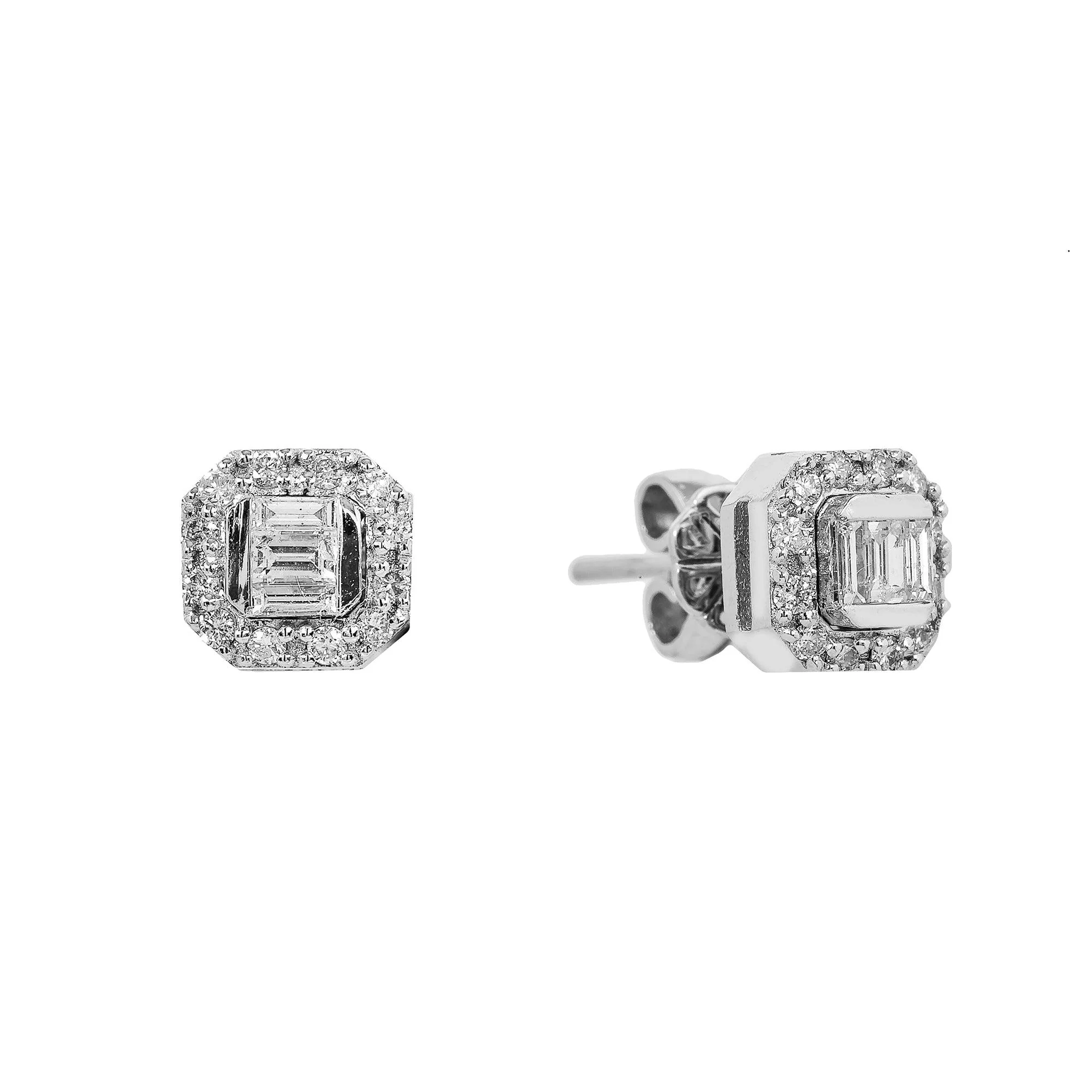 14K White Gold Unisex Earrings with 0.20 Baguette CT Diamond - Image 2