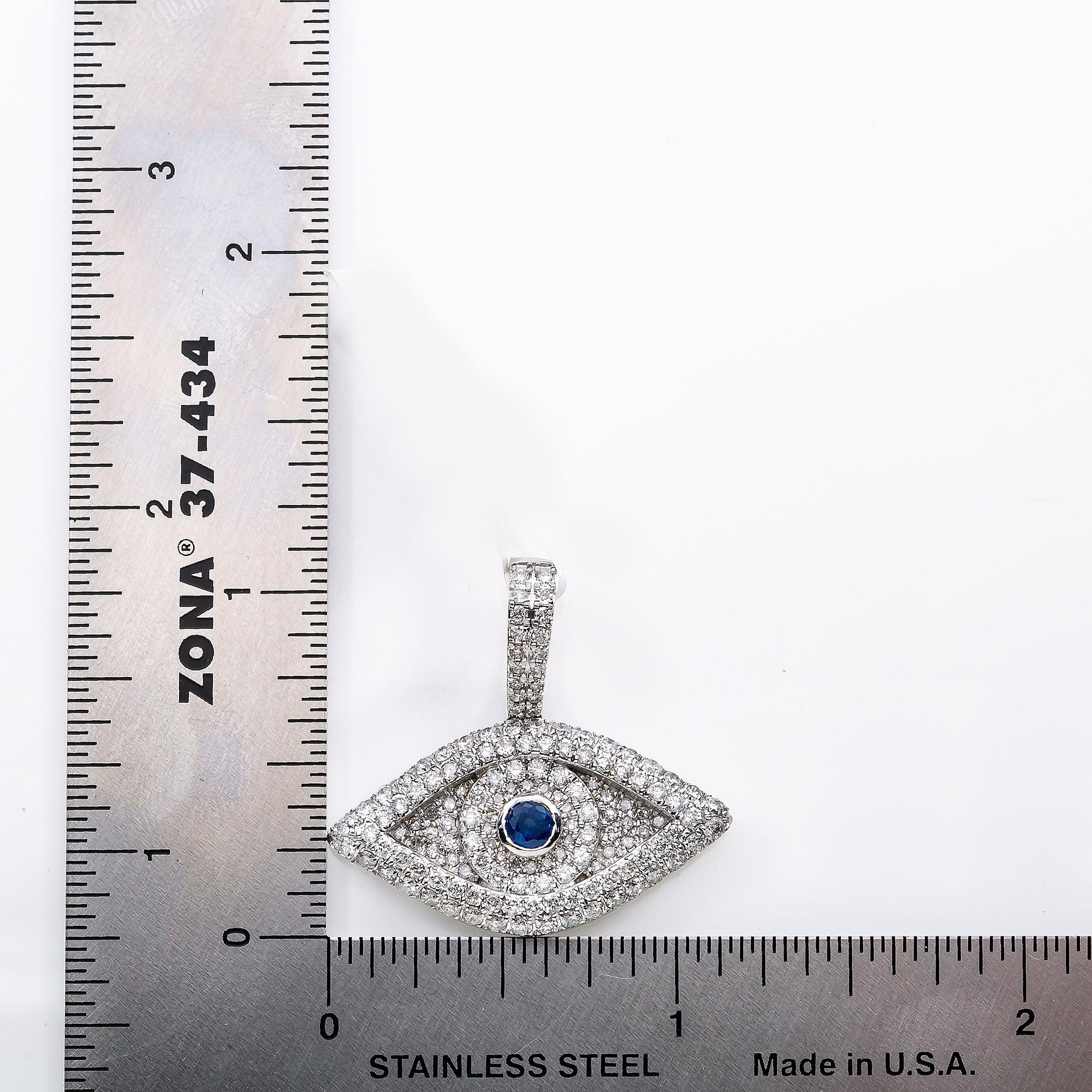 14K White Gold Unisex Evil Eye Pendant with Blue Sapphire & 2.02 CT Diamond - Image 3