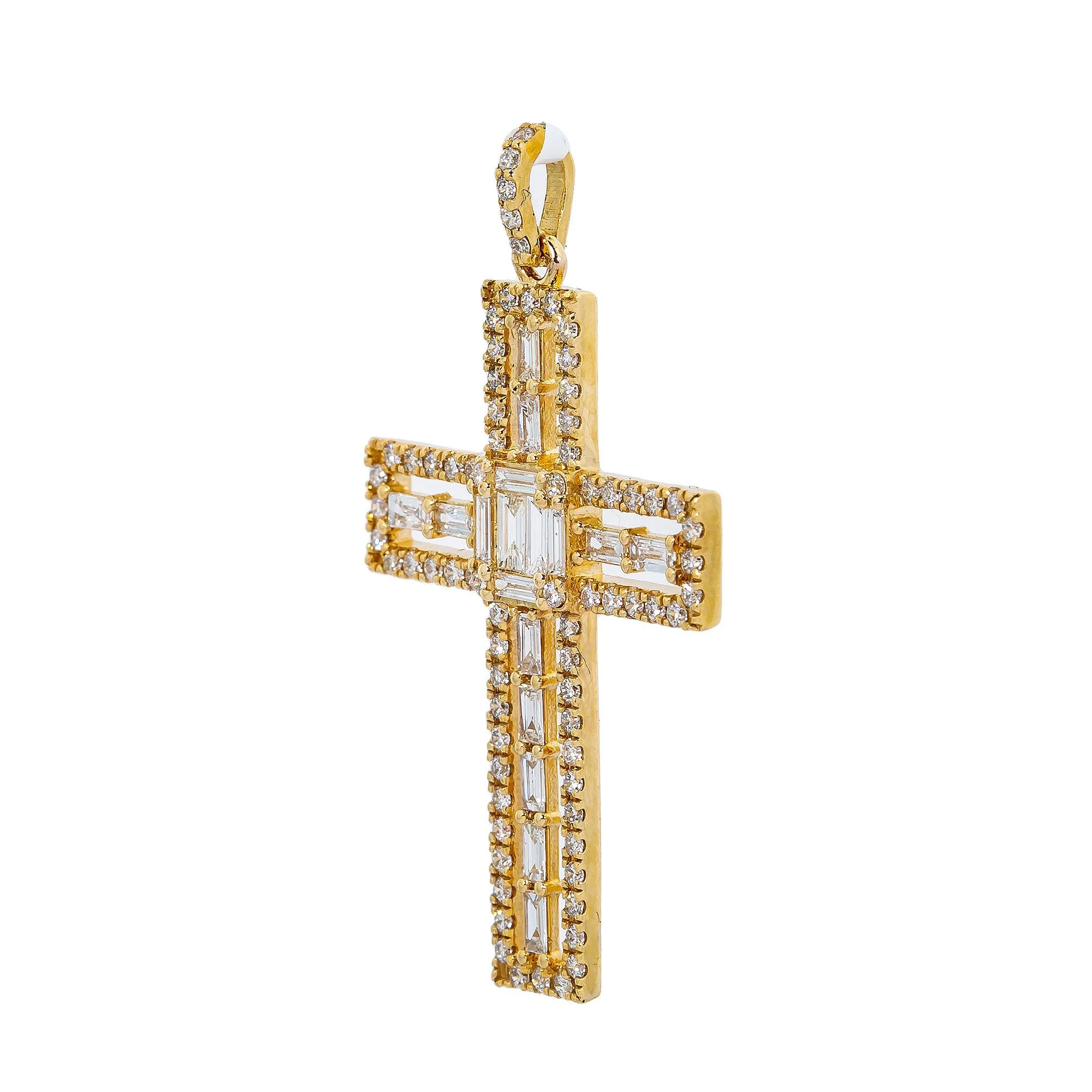 14K Yellow Gold Cross Pendant with 0.90 CT Baguette & Round Diamonds - Image 3