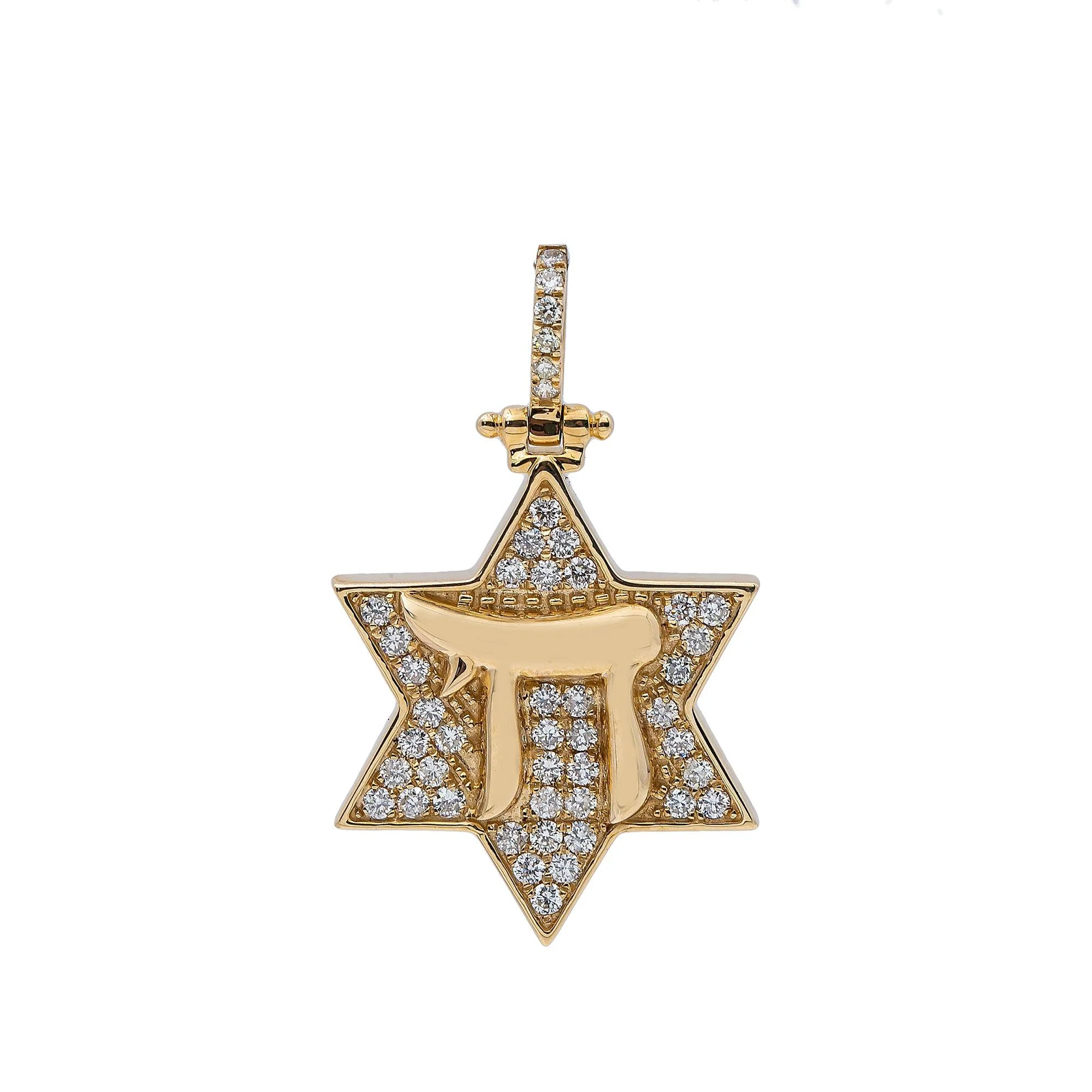 14K Yellow Gold Diamond Star of David Pendant with Chai Letter