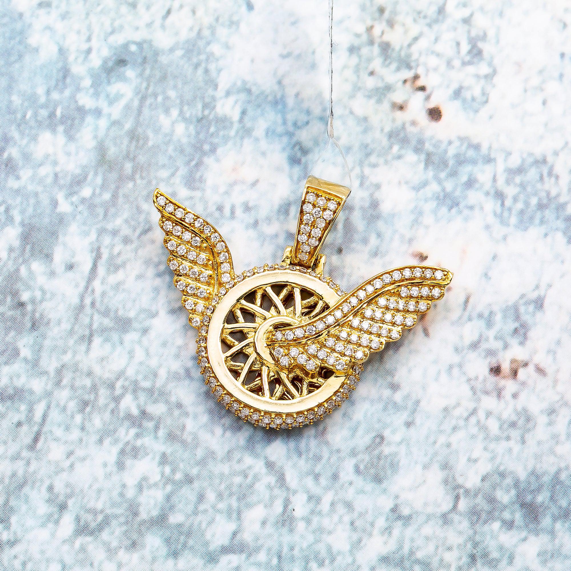Unisex 14K Yellow Gold Circle Angel Pendant With 1.34 CT Diamonds - Image 3