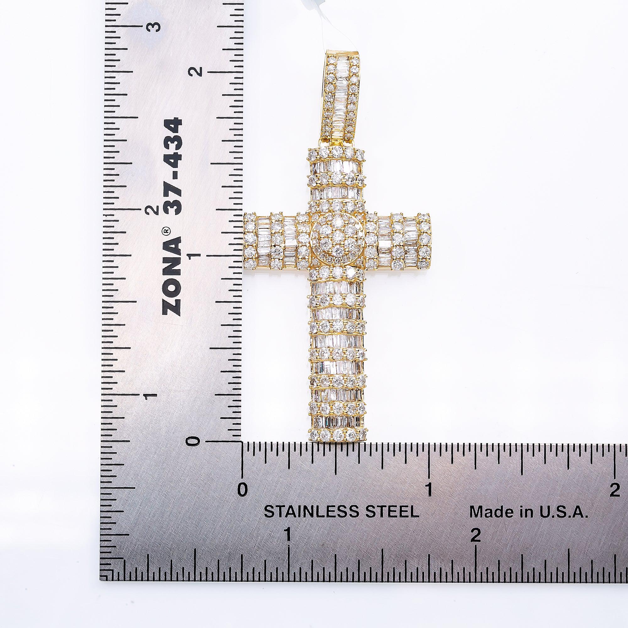 14K Yellow Gold Unisex Cross Pendant with 2.93 CT Baguette And Round Diamond - Image 4
