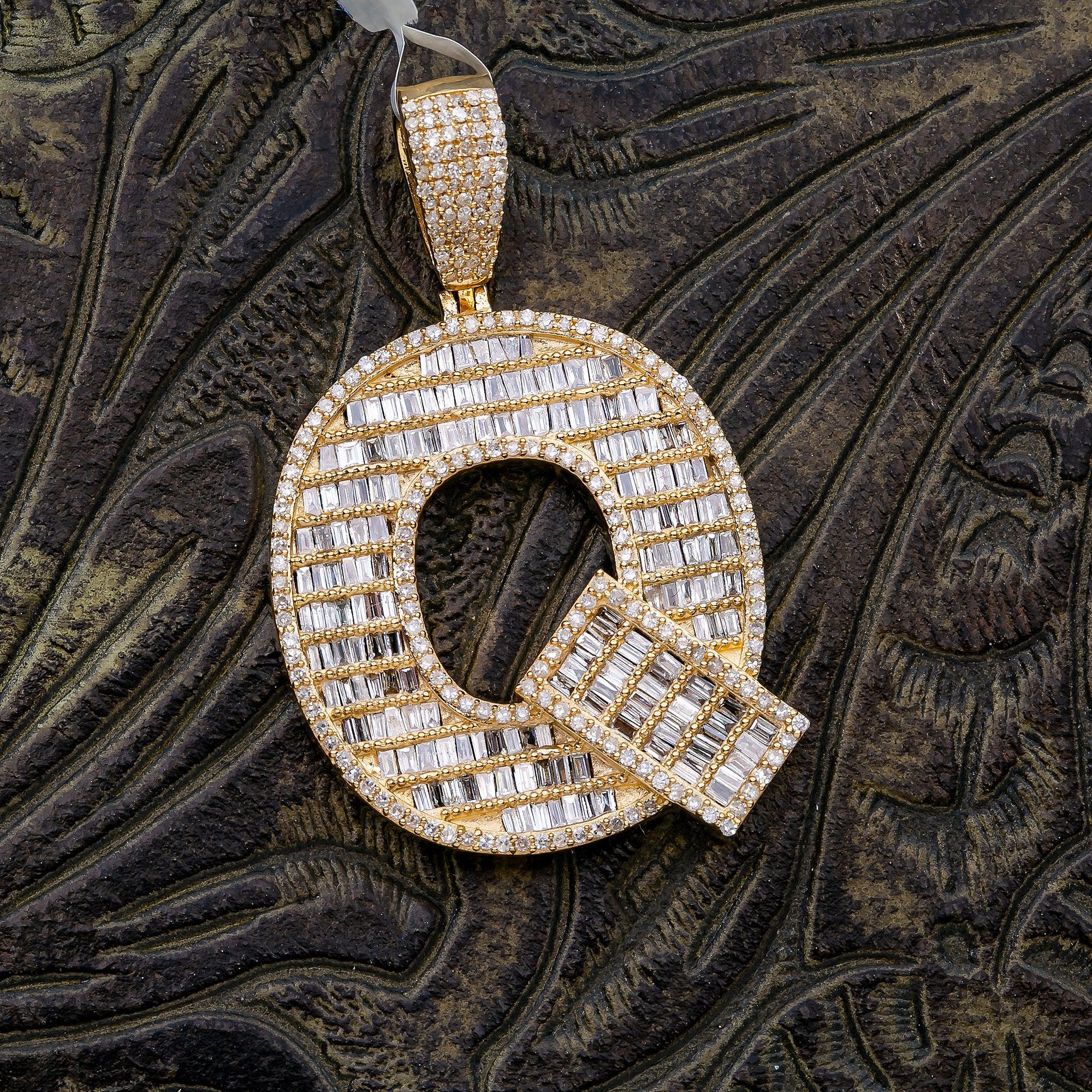 14K Yellow Gold Unisex Letter Q Pendant with 1.85 CT Bagiueete Diamond - Image 2