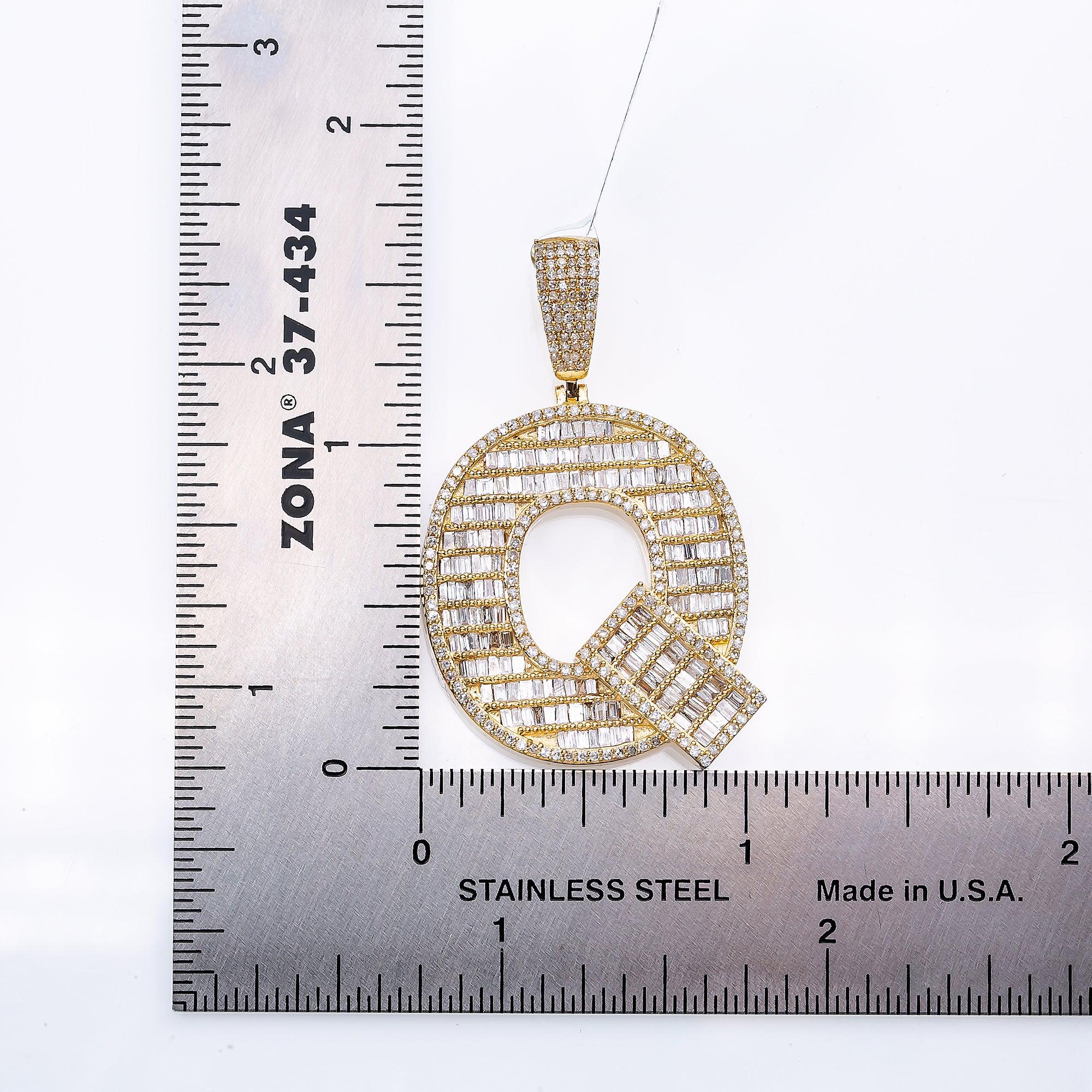 14K Yellow Gold Unisex Letter Q Pendant with 1.85 CT Bagiueete Diamond - Image 4