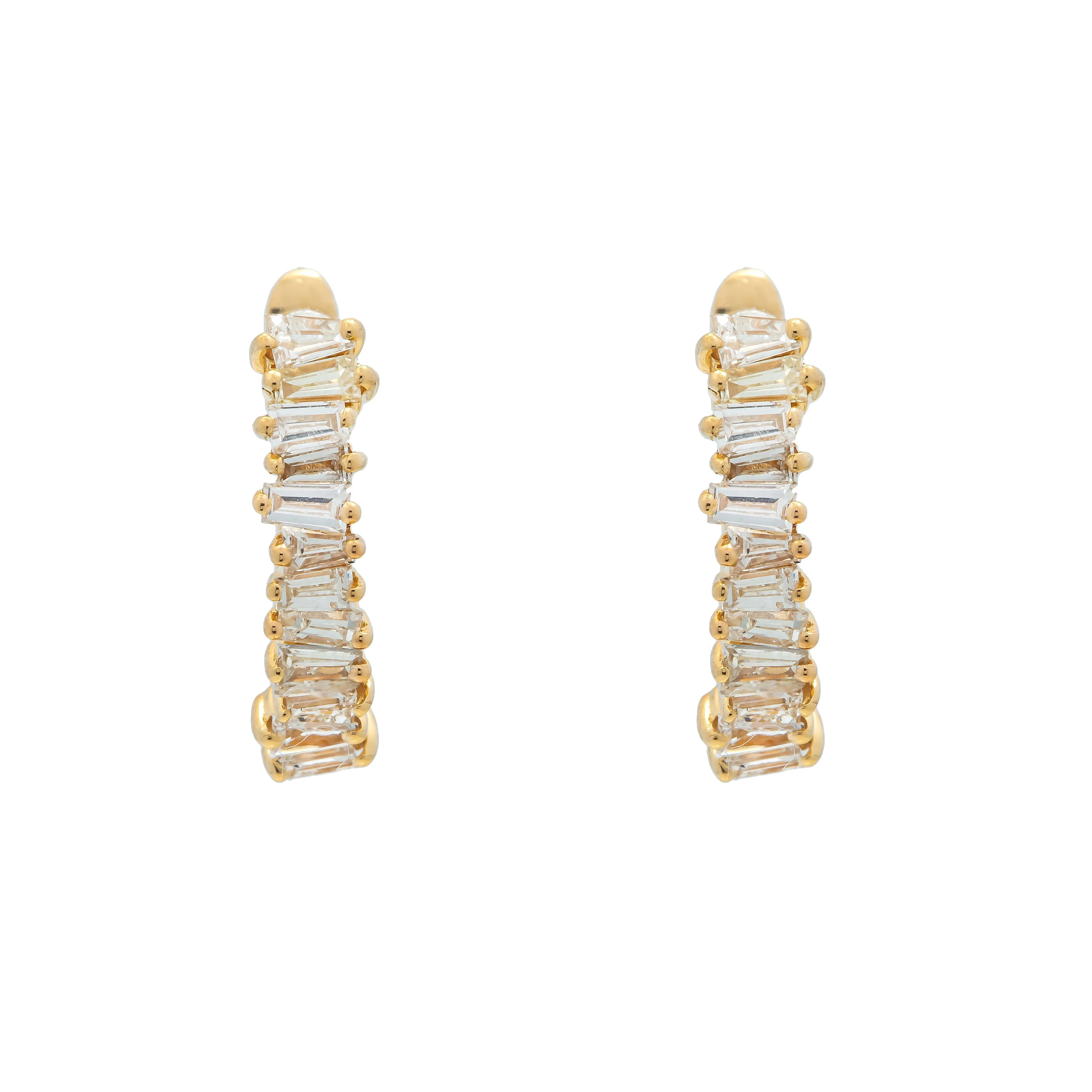 18K GOLD BAGUETTE DIAMOND LADIES HOOP EARRINGS 0.72 CTW - Image 4