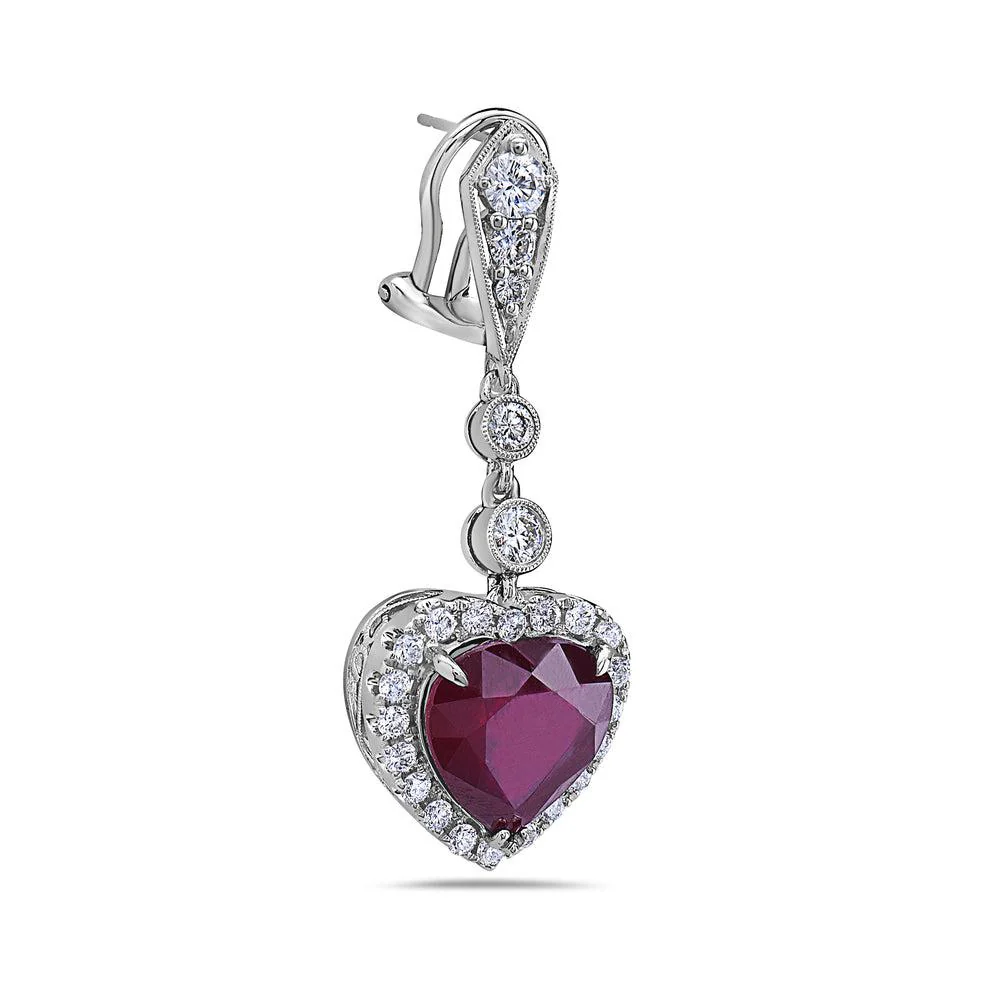18K White Gold Ladies Heart Shaped Earrings With Ruby And Diamonds - Image 3
