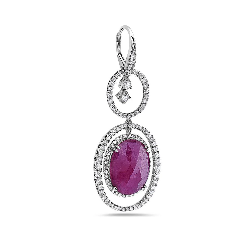 18K White Gold Ladies Round Shaped Earrings With Ruby And Diamonds - Image 3