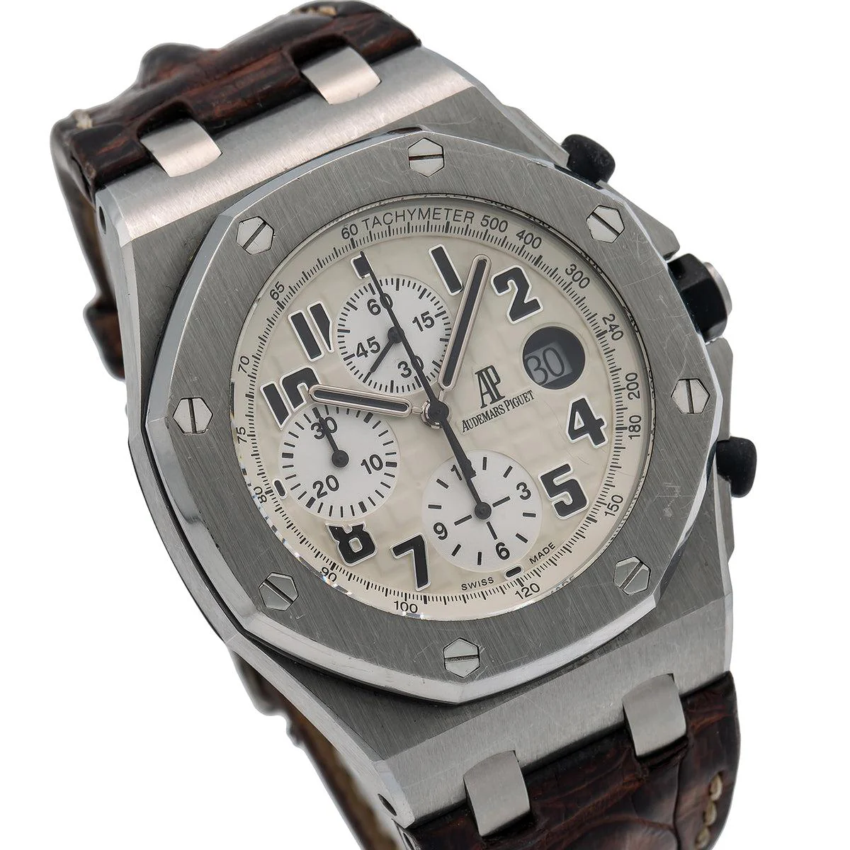 Audemars Piguet Royal Oak Offshore 42MM 26170ST.OO.D091CR.01 White Arabic Dial Stainless Steel Bezel Brown Alligator Leather Strap - Image 3