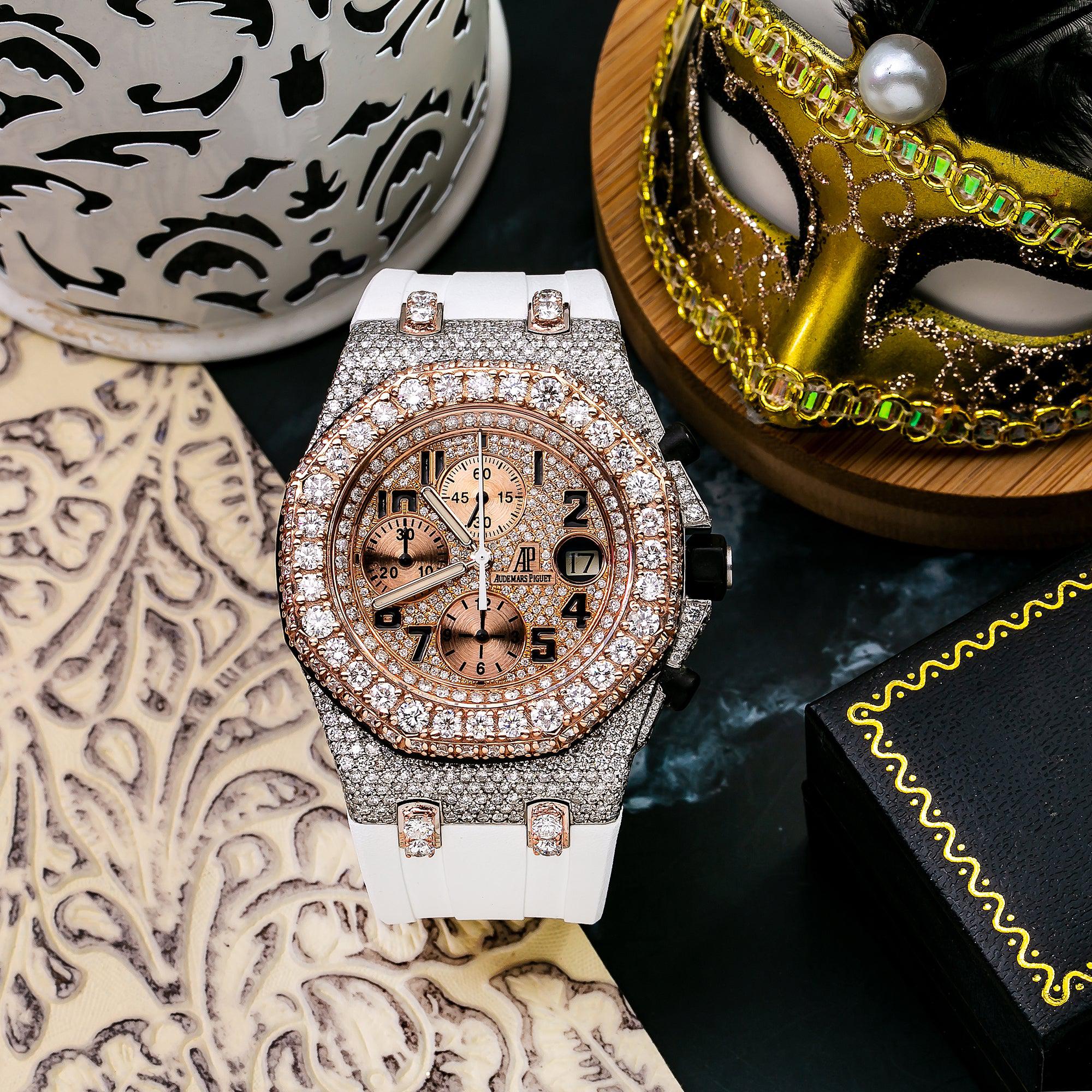Audemars Piguet Royal Oak Offshore Chronograph 42MM 25940SK Diamond Paved Arabic Dial Custom Aftermarket White Rubber Band - Image 3