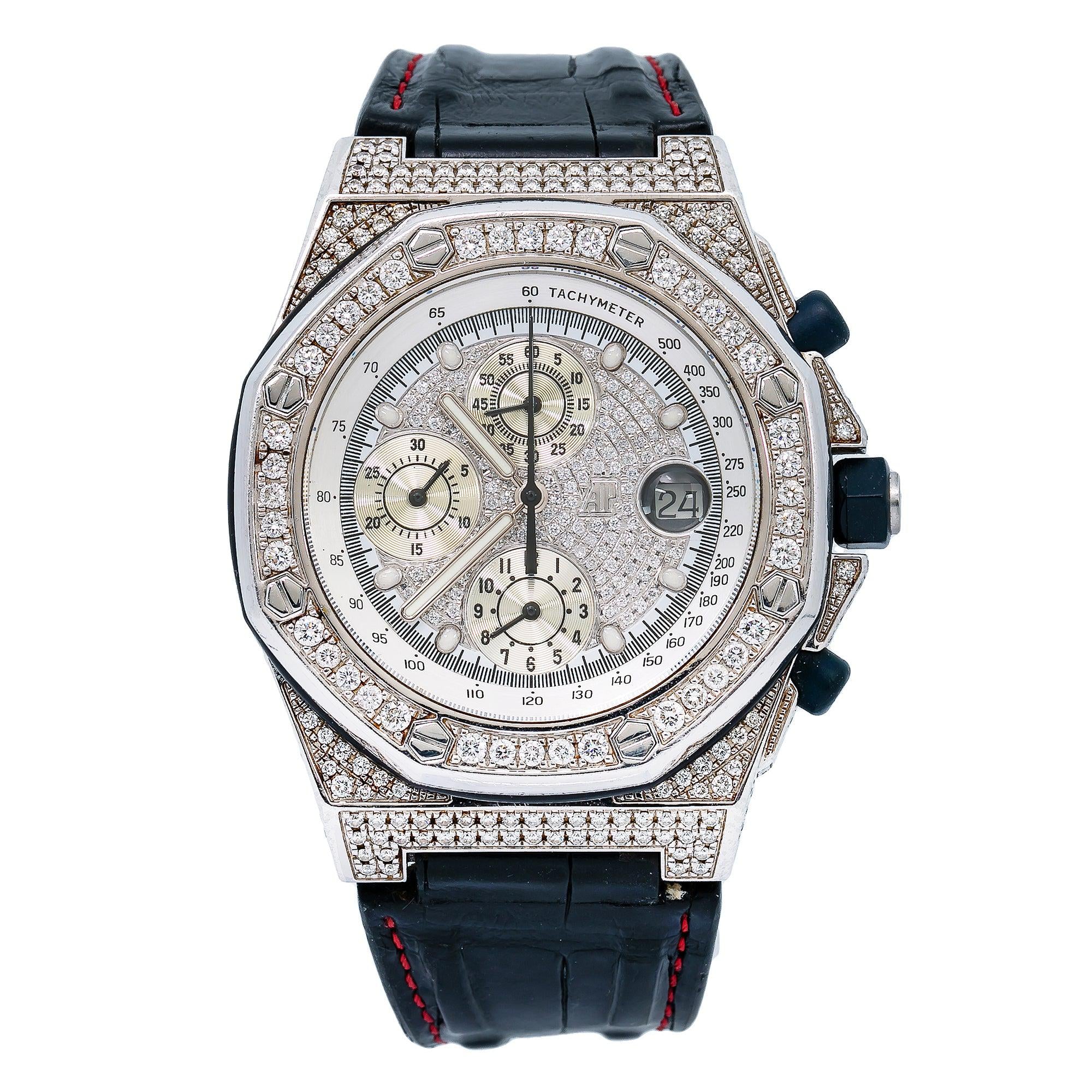 Audemars Piguet Royal Oak Offshore Chronograph 42MM 26067BC Diamond Paved Dial Custom Aftermarket Black Alligator Leather Strap