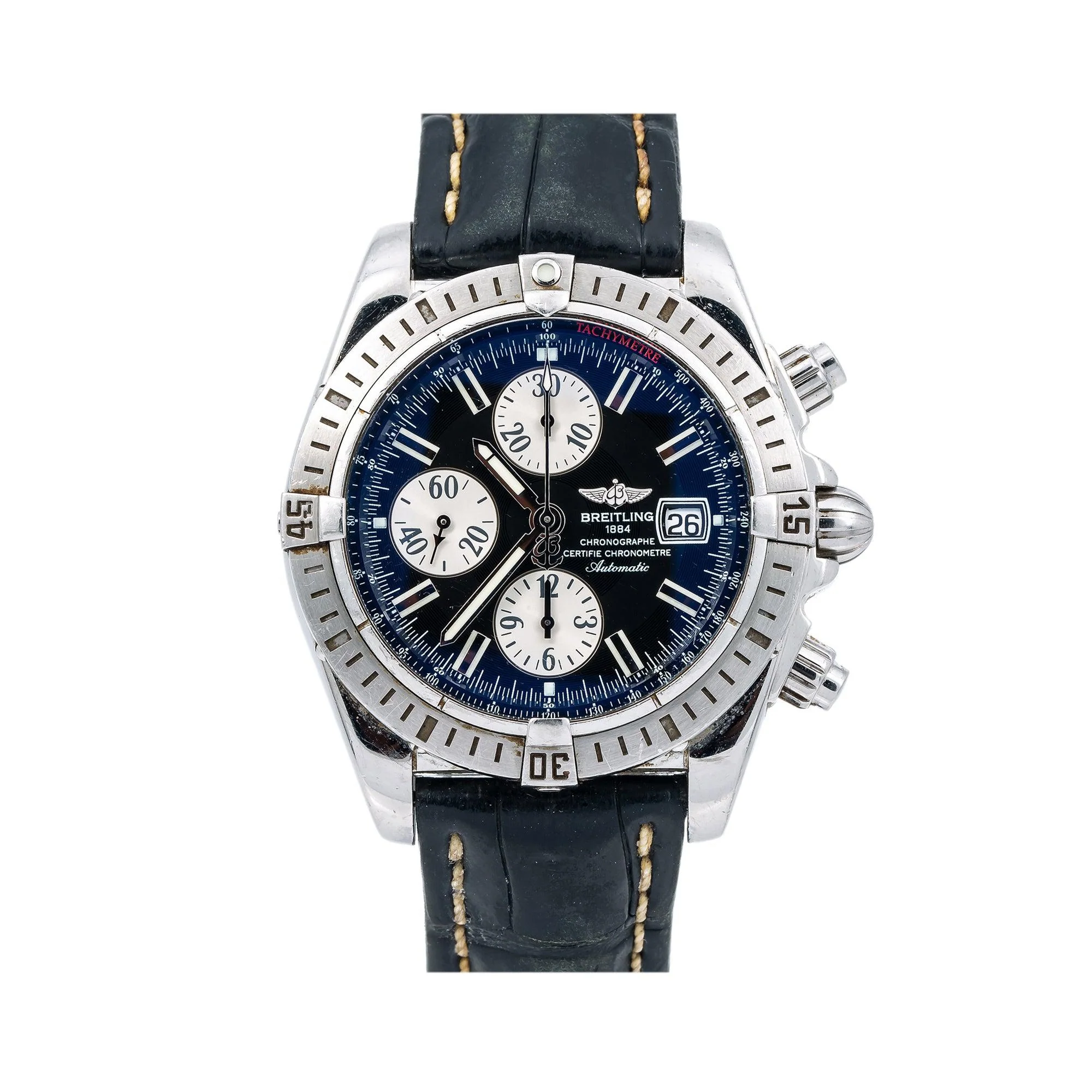 Breitling Chronomat Evolution 44MM A13356 Black Dial Black Alligator Leather Strap