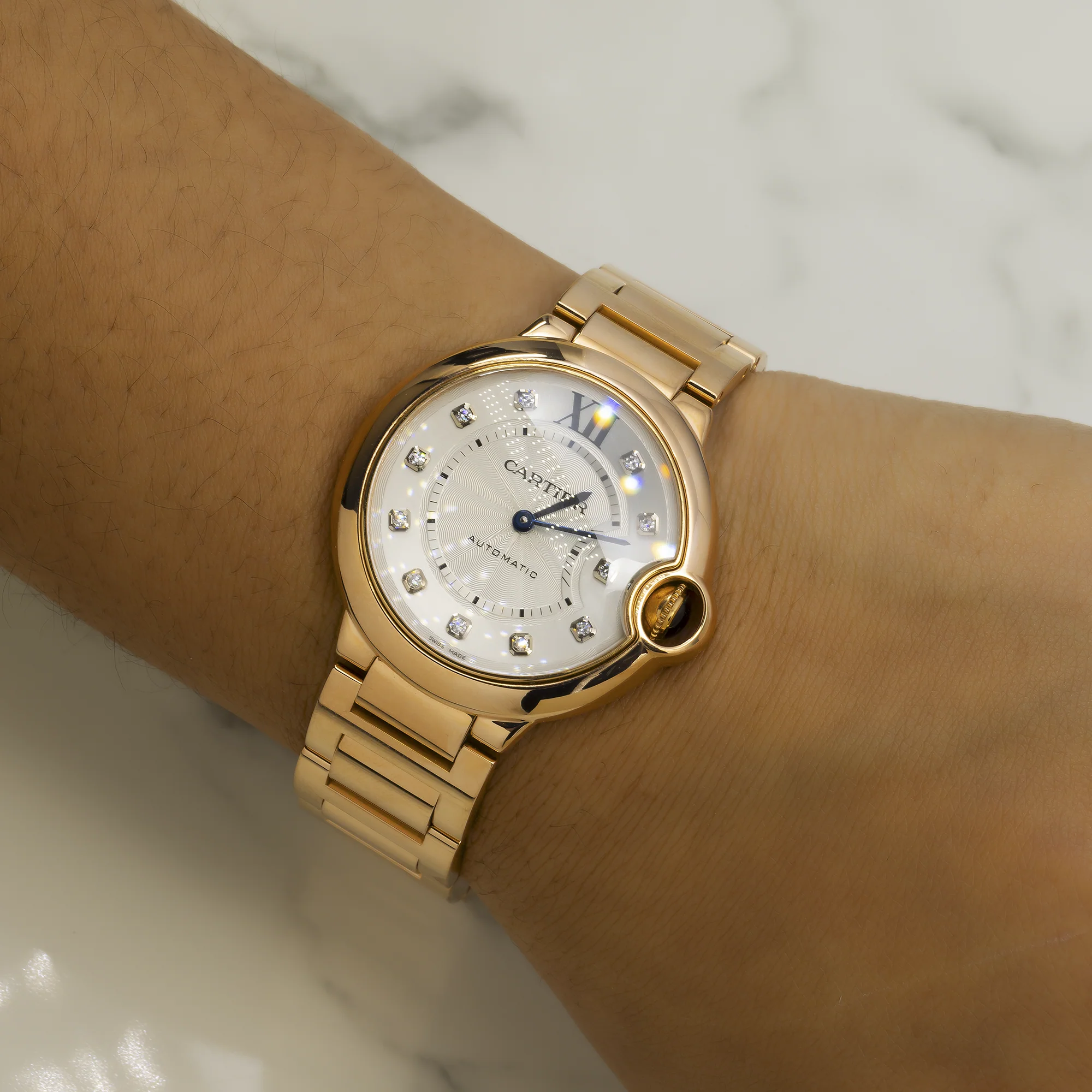 Cartier Ballon Bleu 36MM WE902026 Silver Diamond Dial Yellow Gold Bezel 18K Rose Gold Bracelet - Image 6