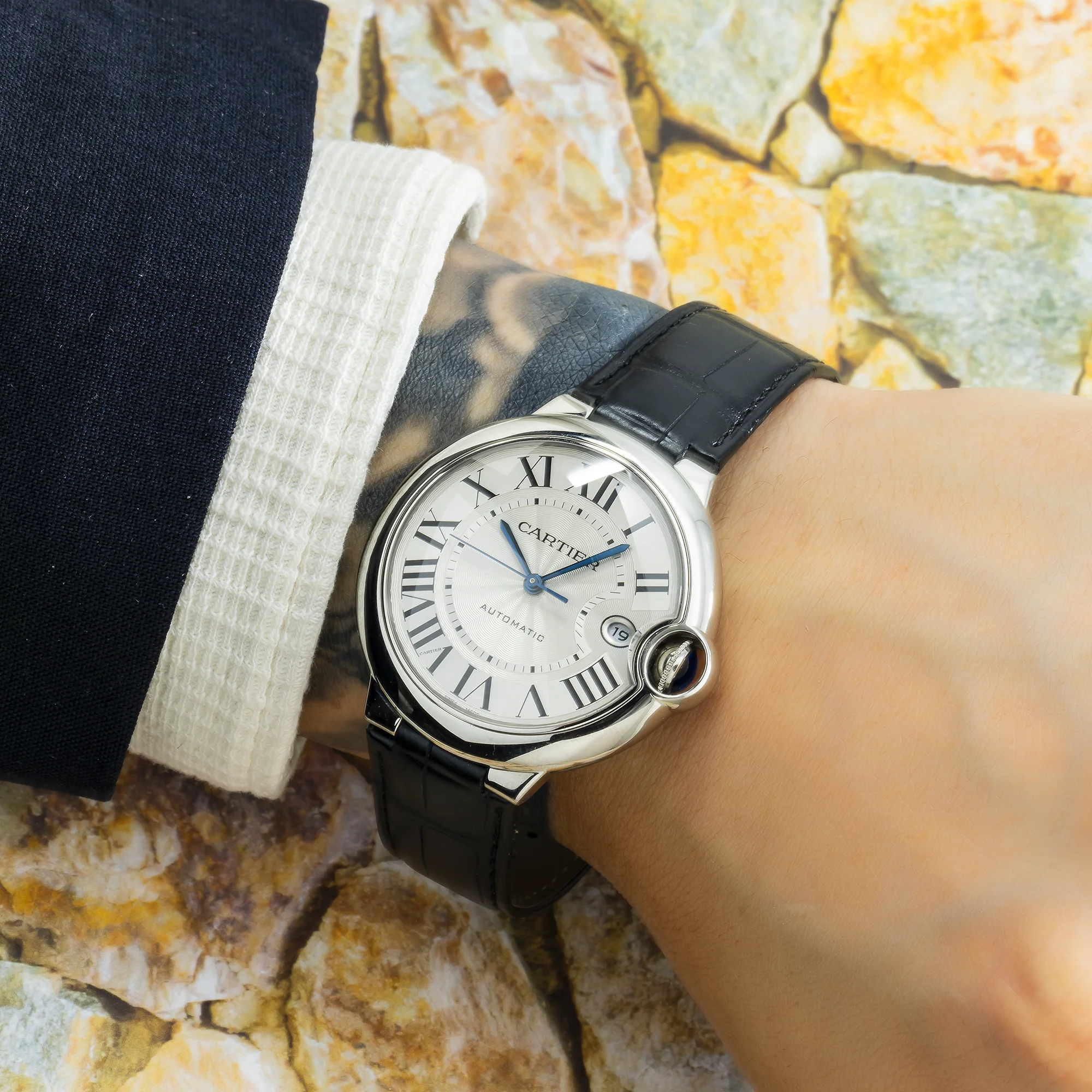 Cartier Ballon Bleu 36MM WSBB0028 Silver Roman Dial Black Leather Strap - Image 2