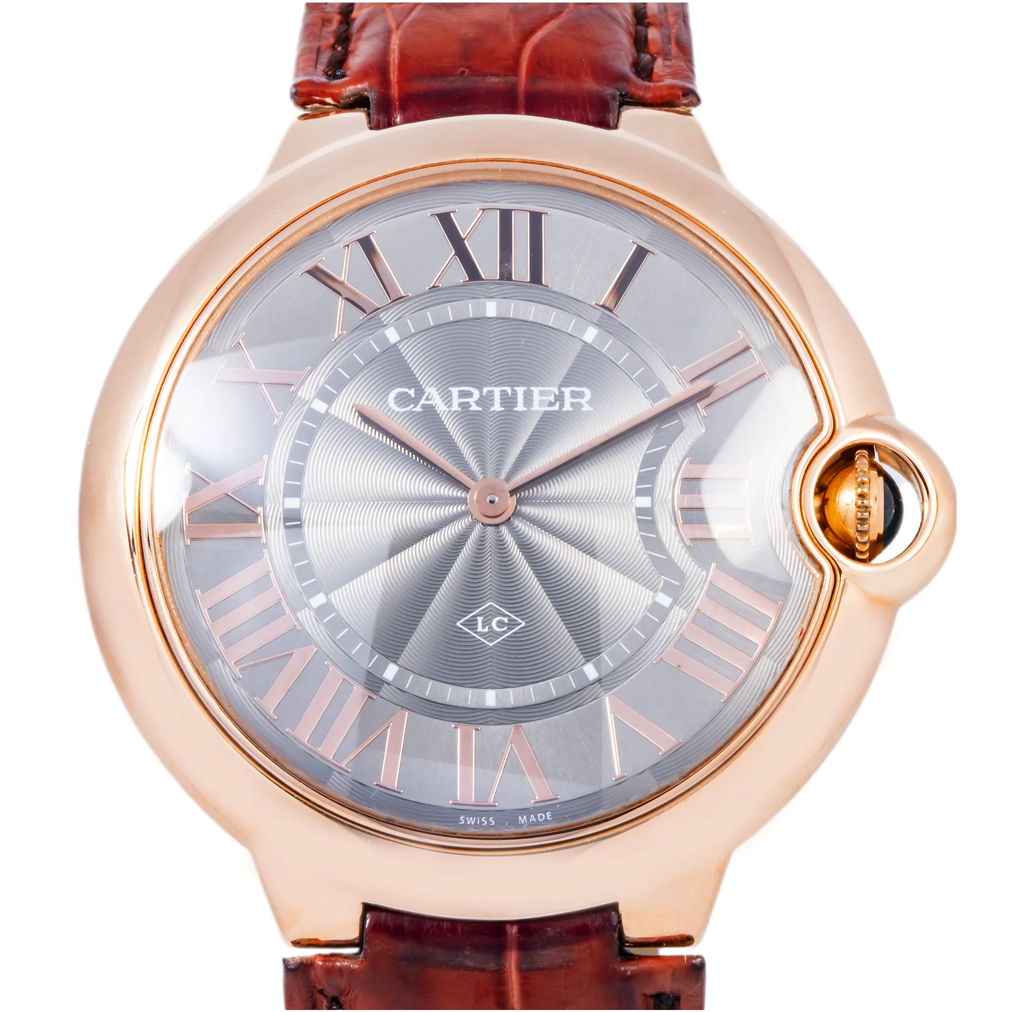 Cartier Ballon Bleu 40MM W6920089 Gray Roman Dial Rose Gold Bezel Brown Leather Strap - Image 2